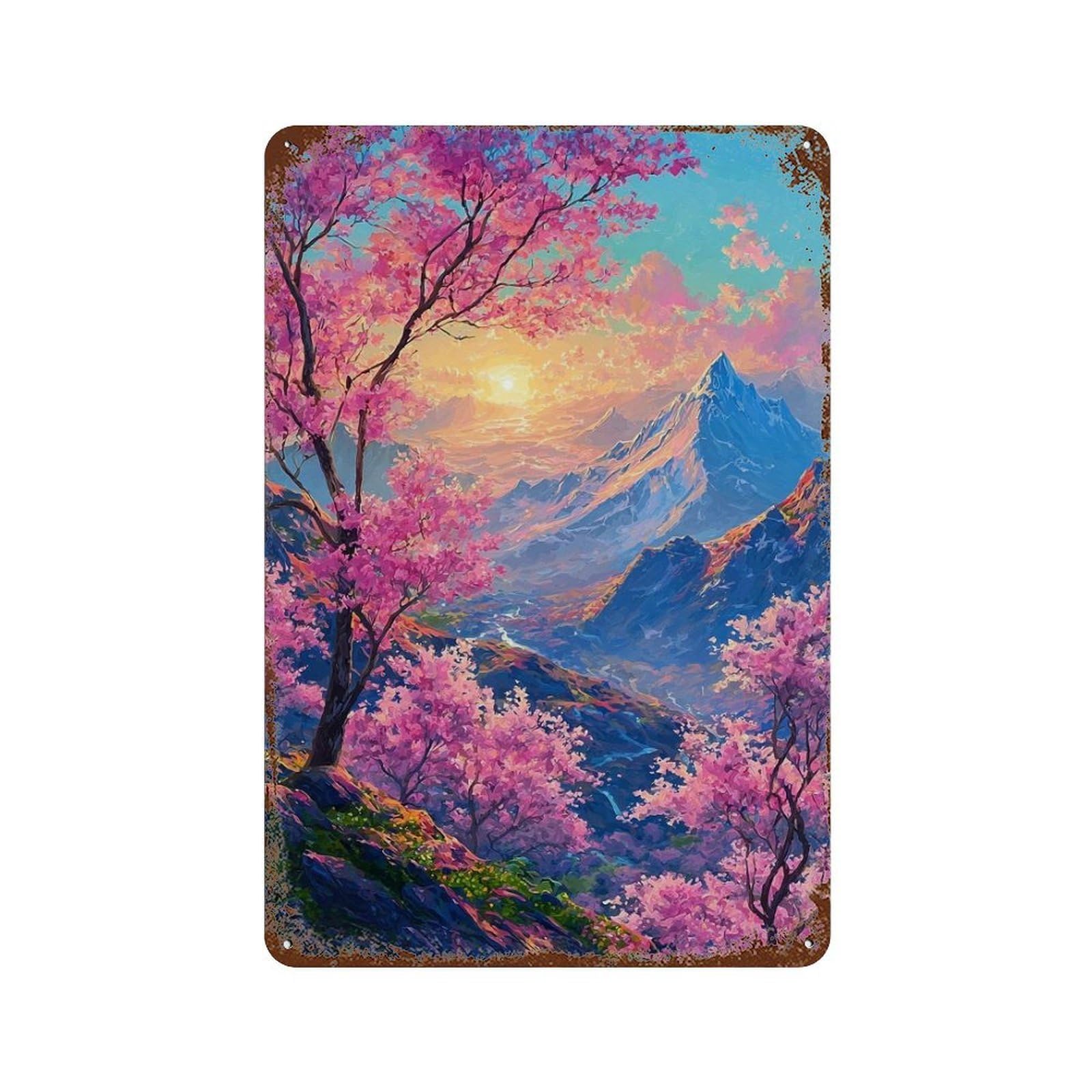 Cherry Blossom Valley Sunset Weathered Tin Sign 11.8"x7.9", Decorative Metal Wall Art for Garage, Bar And Workshop Decor