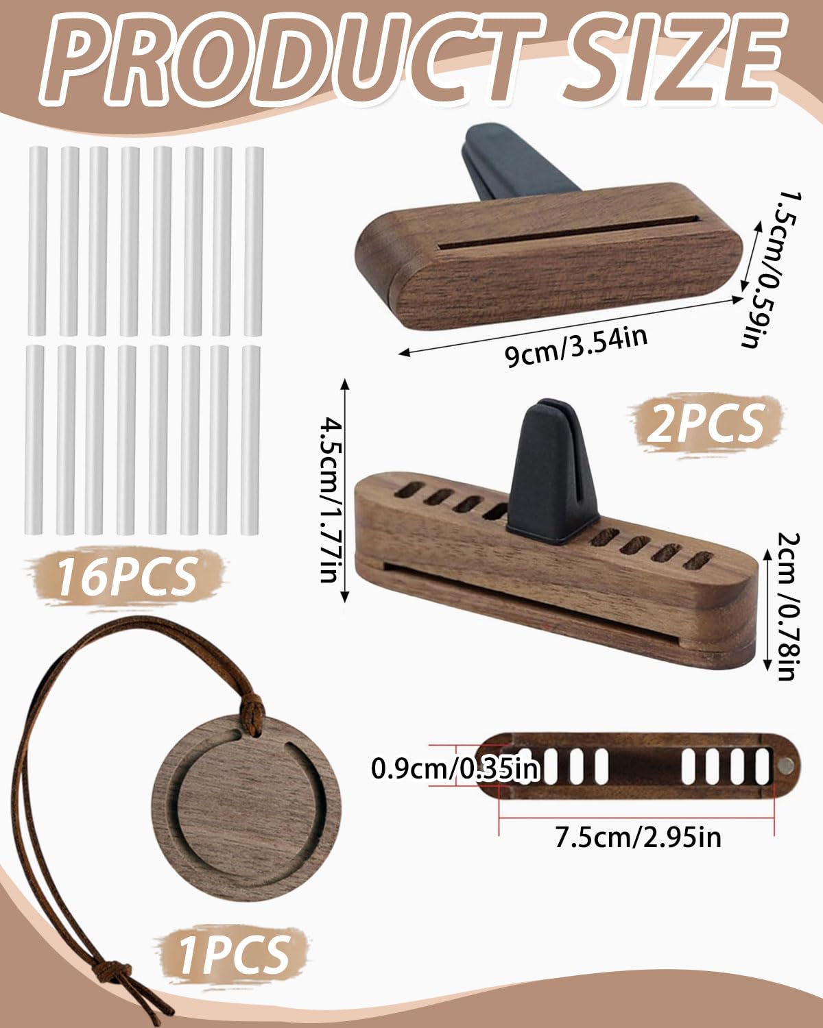 Natürlicher Holz Auto Diffusor für Ätherische Öle 2 Stück mit 16 Nachfüllaufsätzen Aromatherapie