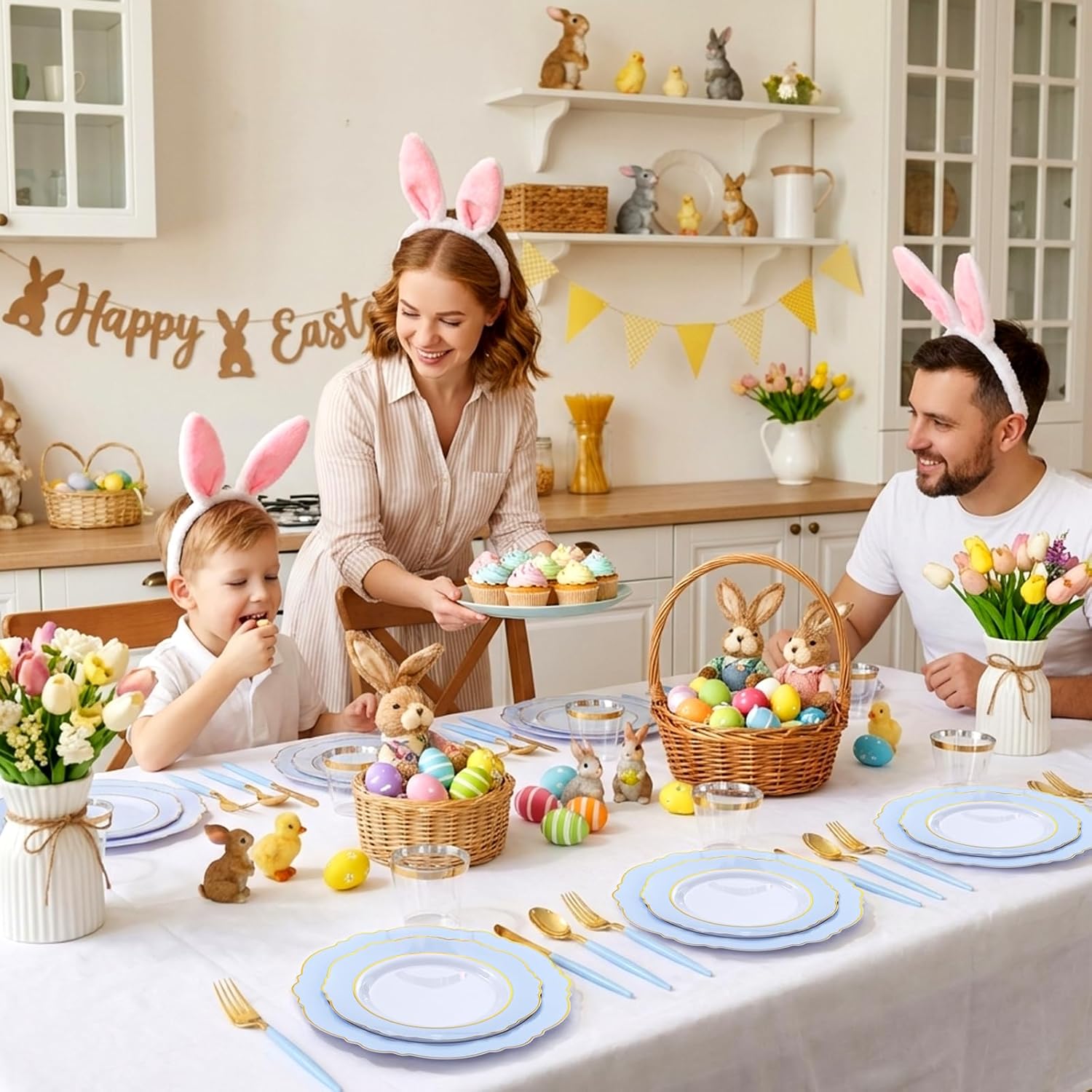 WDF 150pieces Baby Blue Plastic Plates with Gold Rim - Disposable Gold Plastic Silverware With Blue Handle-Baroque Light Blue&Gold Disposable Plates Dinnerware for Wedding/Party/Baby Shower/Easter