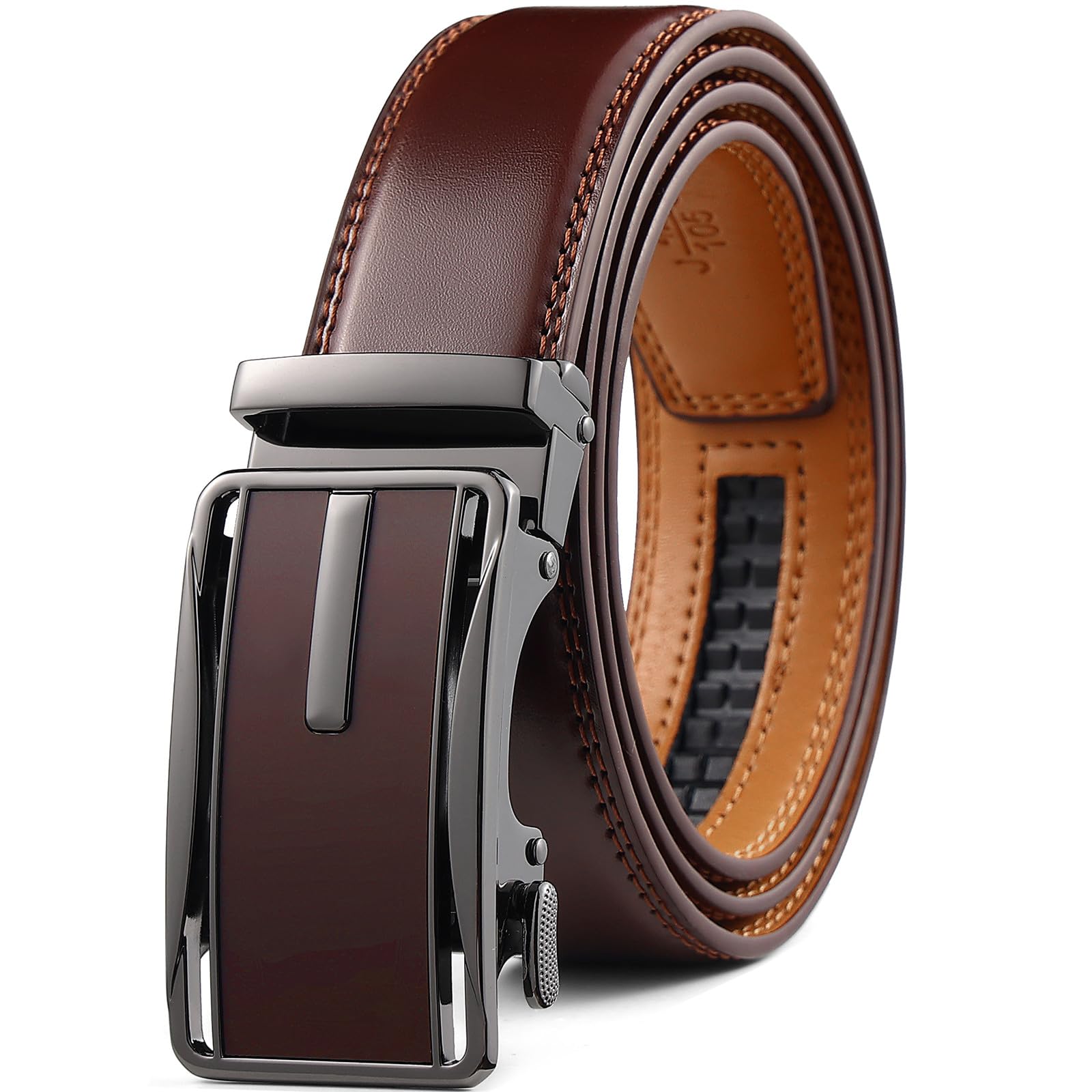 Drowsmen Belt men,leather ratchet belt 1 3/8" with Click Sliding Automatic Buckle, Adjustable belt Trim to Fit, Burgundy Leather Belt, 32"-38" Waist