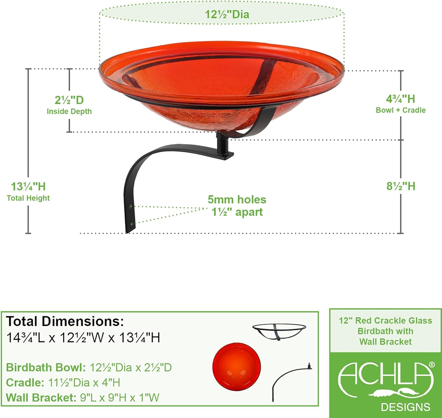 12" Red Crackle Birdbath- Wall Mount Bracket