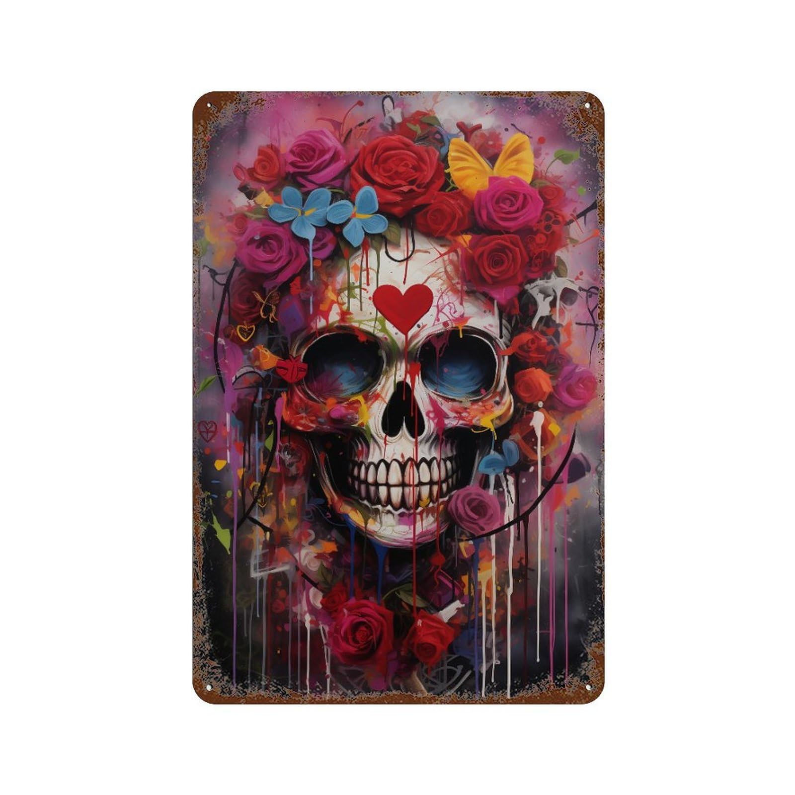 Colorful Skull with Flowers Art Print Decorative Tin Sign 11.8"x7.9", Shabby Chic Decor for Garage, Pub Or Kitchen
