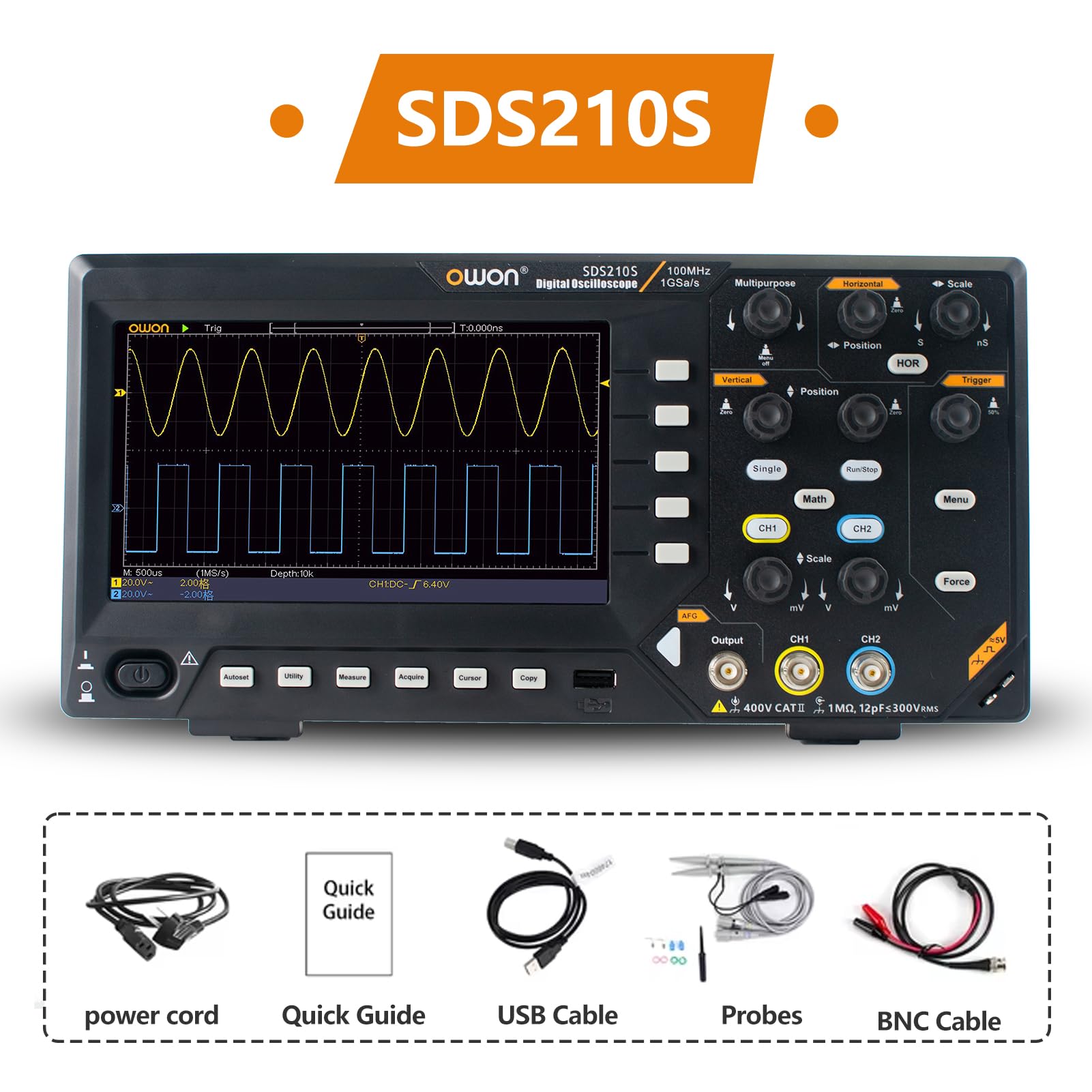 OWON SDS210S Osciloscopio digital 100 ancho de banda 2 canales 25 MHz forma de onda aleatoria 1 GS/s FFT+ 25MHz Generador de señal de 14 bits