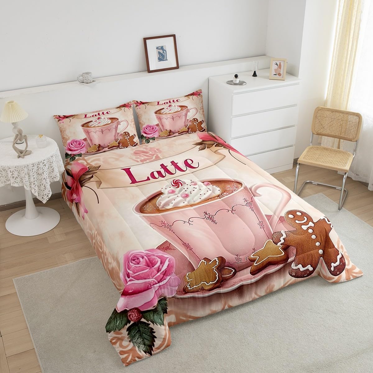 Erosebridal Girls Latte Bedding Set,Pink Bowknot Roses Queen Comforter Set for Kids Teens Adults,Delicious Dessert Bed Set,Cream Coffee Down Comforter Bedroom Decor