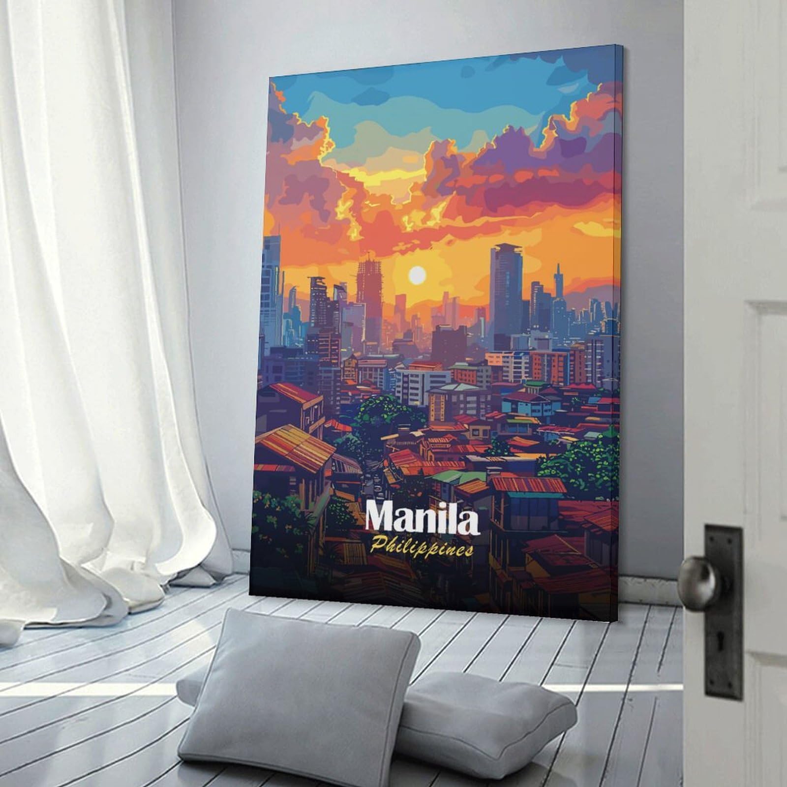Junmoney Manila Philippines Cityscape at Sunset Home Decor Wall Art, 08x12inch(20x30cm), for Calm Bedrooms, Home Corners Or Flats, Canvas Wall Decor for Personal Spaces