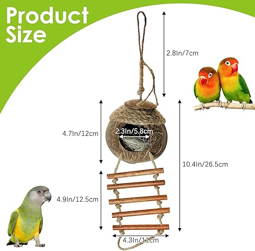 Vista 16 de Tfwadmx Casa colgante para pájaros con escalera, fibra de coco natural, nido de pájaros, conchas de coco, escondite, agapornís, columpio, juguetes