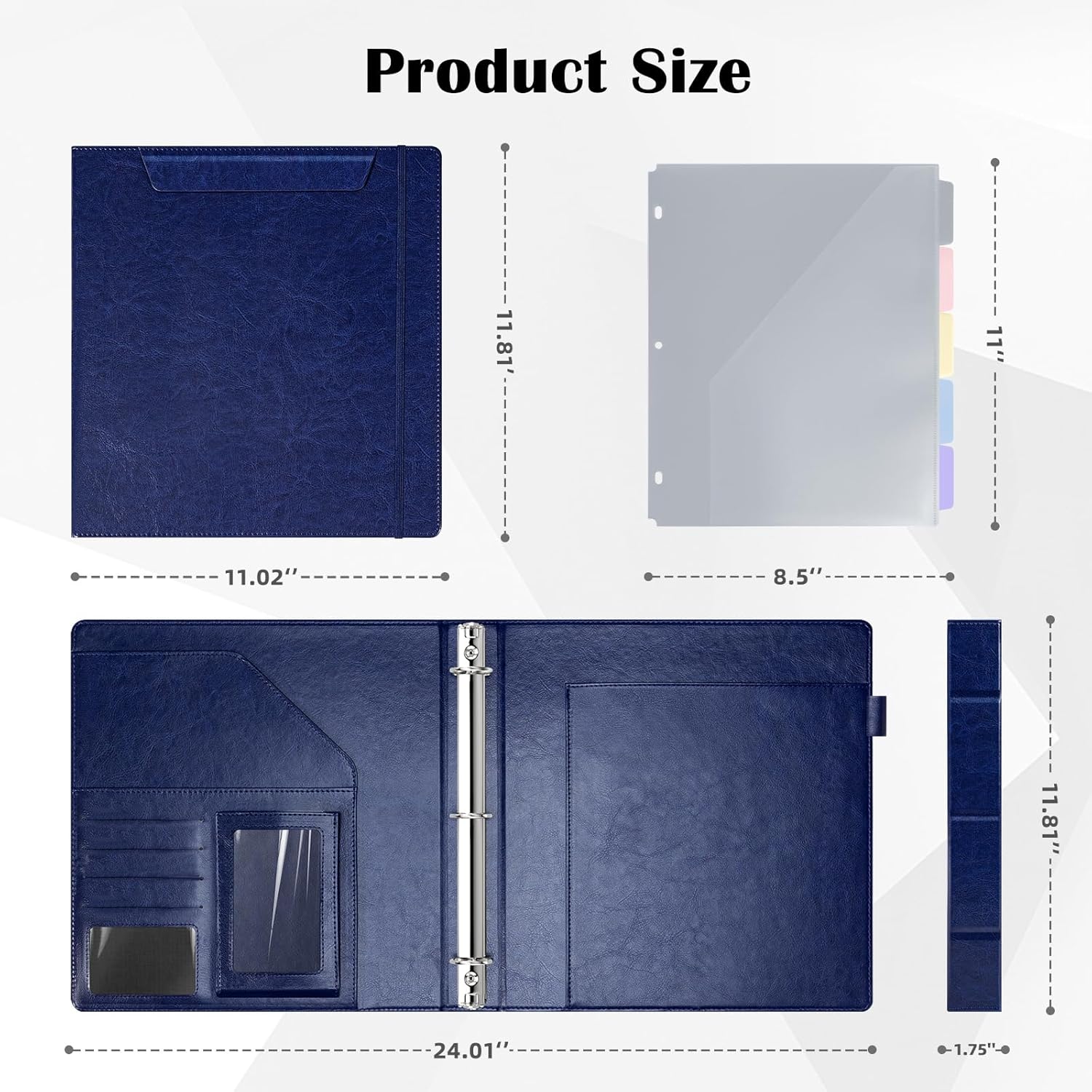 Ospelelf 3 Ring Clipboard Binder with Storage Pouch, 1 Inch Round Ring, Leather Magnetic Clipboard Folder with Notepad (11" x 8.5"), 5 Dividers with 10 Pockets, School Office Binder, Navy Blue
