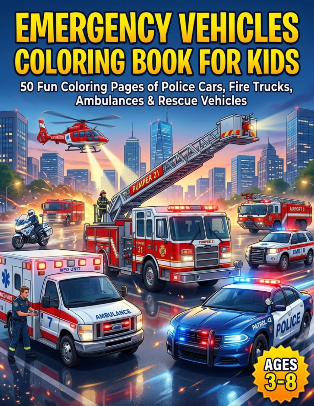Emergency Vehicles Coloring Book for Kids Ages 3-8: Police Cars, Fire Trucks, Ambulances, Rescue Helicopters and Emergency Rescue Vehicles: boys coloring book ages 3 8
