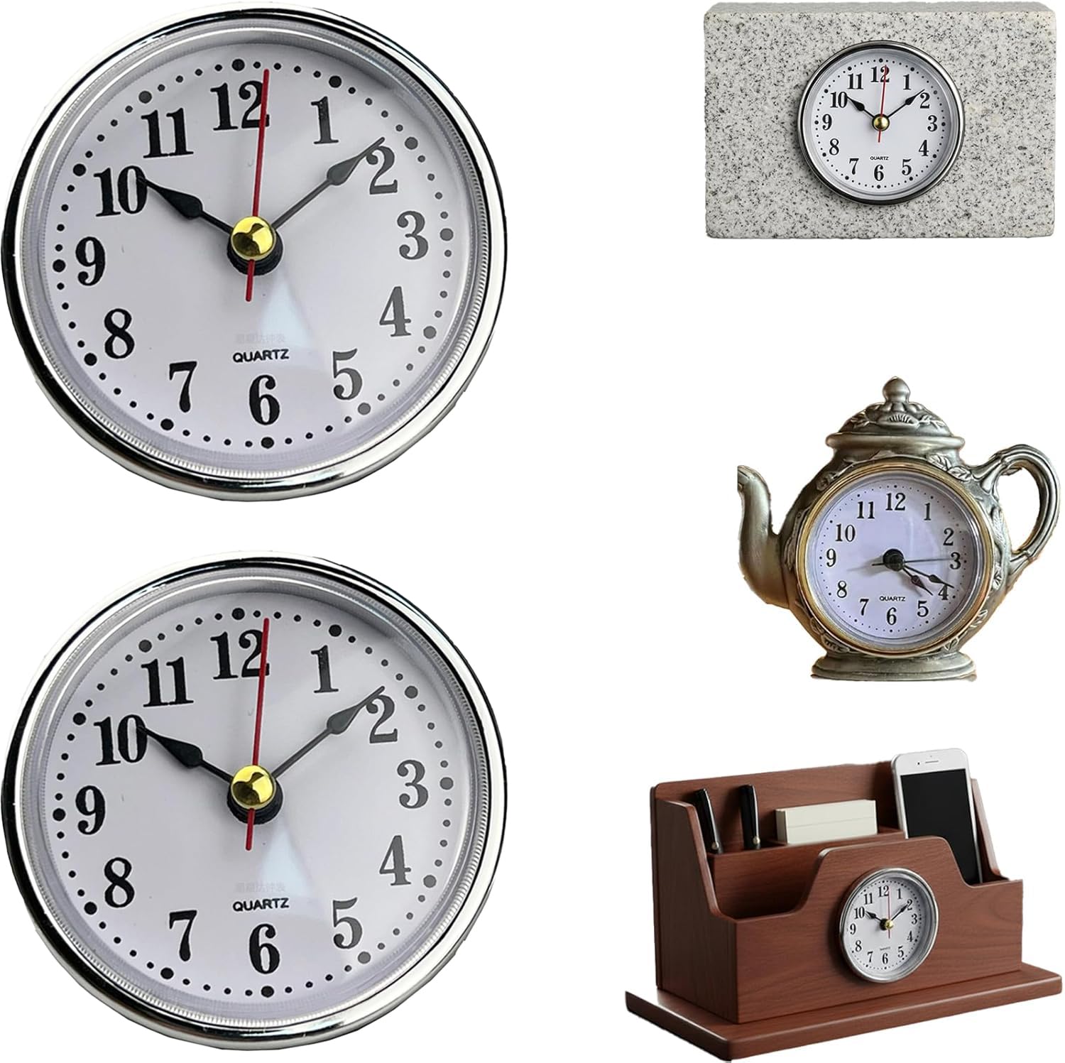 Tangseajiao 2 Pcs Silver Mini 2-1/2 Insert Clock 65mm Round Movement Clock White Face Tone Arabic Numerals Head Mini Home Décor Product