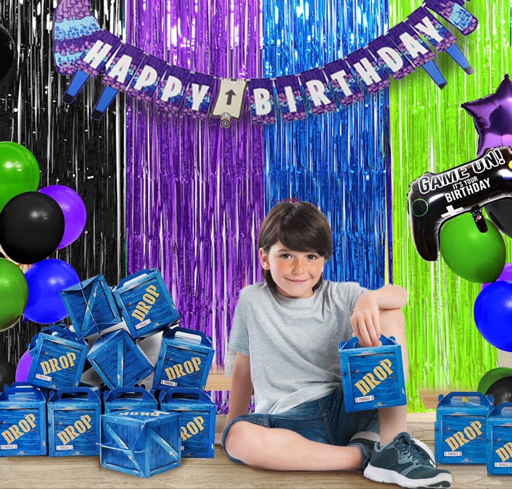 Video Game Party Decorations, Including 2 Pack Nite Gamers Party Foil Fringe Curtains, 23pcs Video Game Balloons & 1Pcs Nite Games Birthday Banner, Video Game Party Decor Backdrop Photo Booth Props