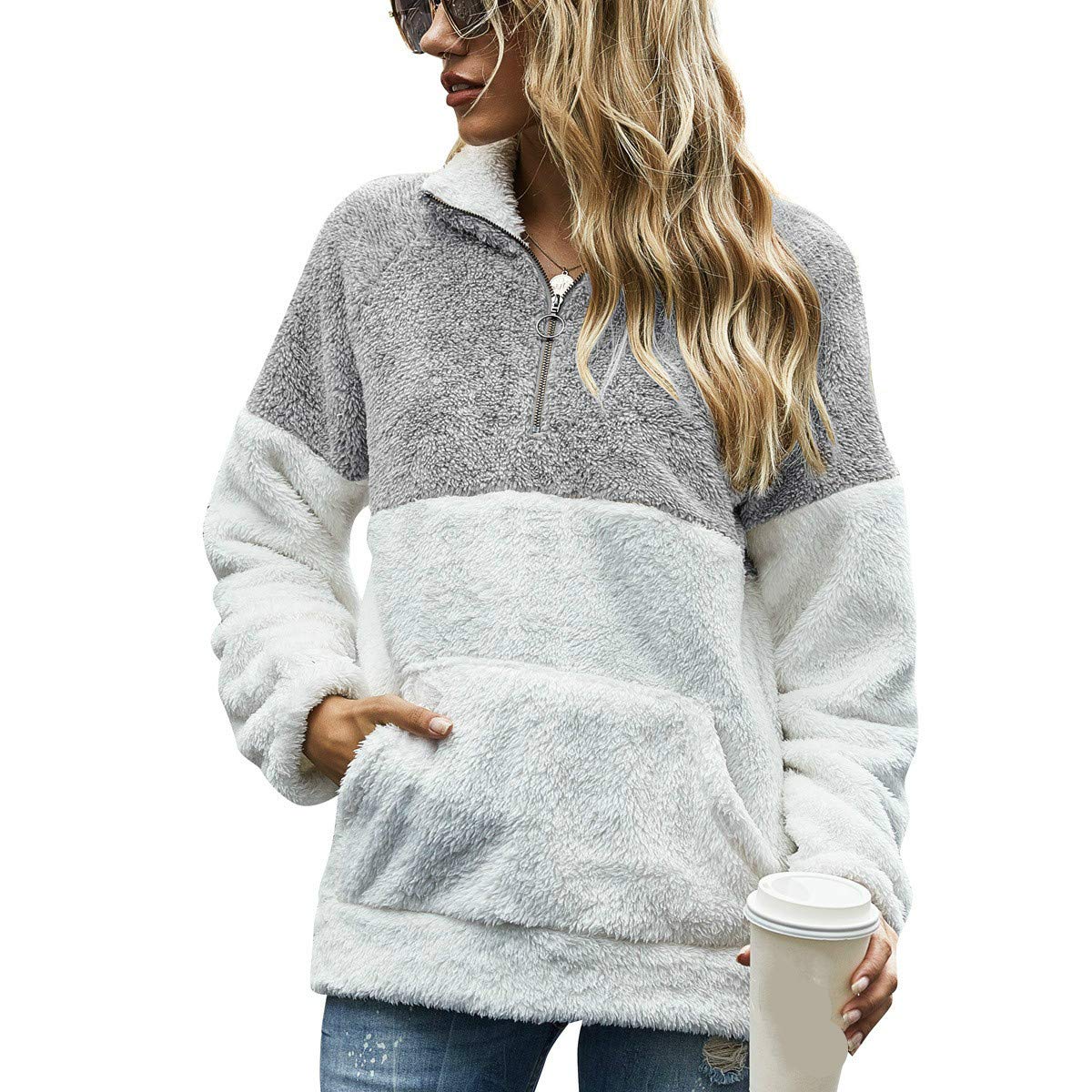U/K Women's Grey Long Sleeve Sweatshirt Half Zip Up Warm Jacket Fuzzy Fleece Pullover Outwear Coat With Pocket For Winter