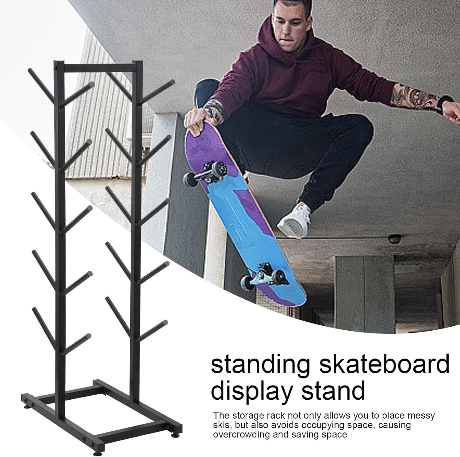 Skateboard Rack,Freestanding Skate Board Stand Organizer - 5-Tiers Storage Holder Snowboard Organize for Garage, Shop, Home, Living Room
