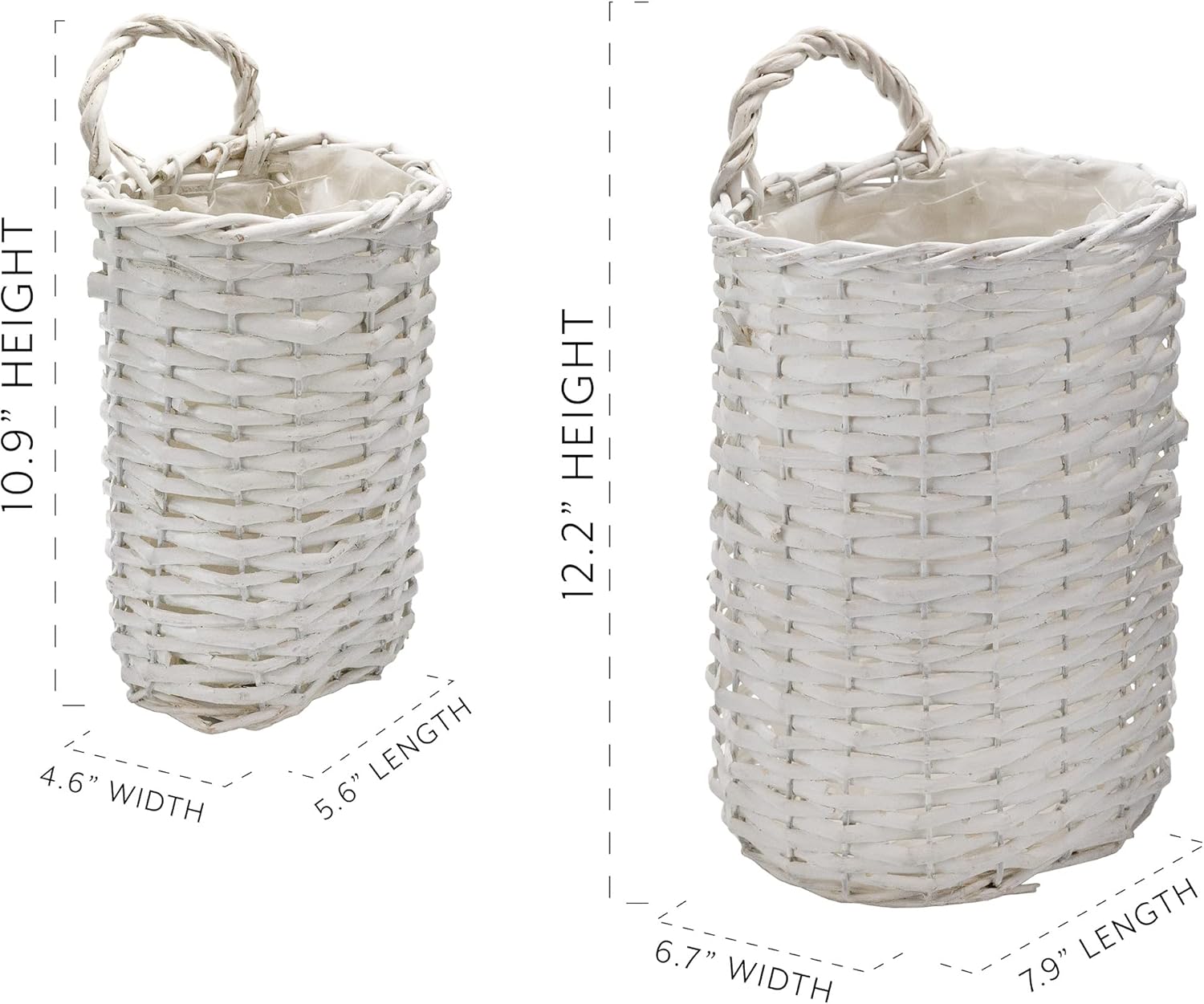 AuldHome Design Wall Hanging Baskets (White, Set of 2); Woven WIcker Rustic Farmhouse White Washed Door Baskets, Small and Medium Size (Pack of 2)