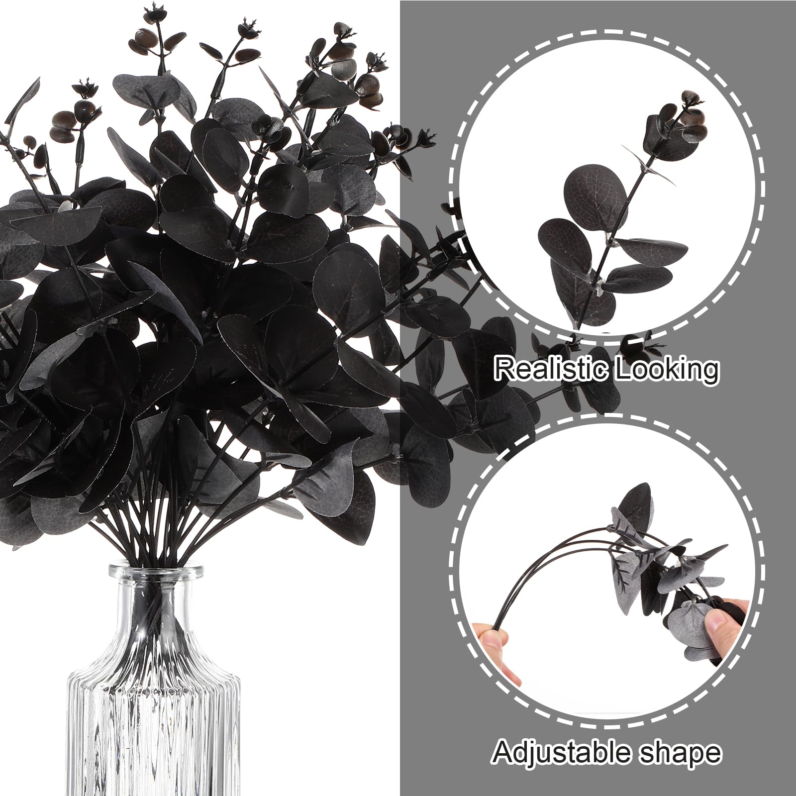 Syhood Confezione da 4 steli di eucalipto bianco e nero con 16 rami, foglie di eucalipto artificiali da 48,3 cm, decorazione di foglie di eucalipto rami bouquet finto gotico decorazione bagno per casa
