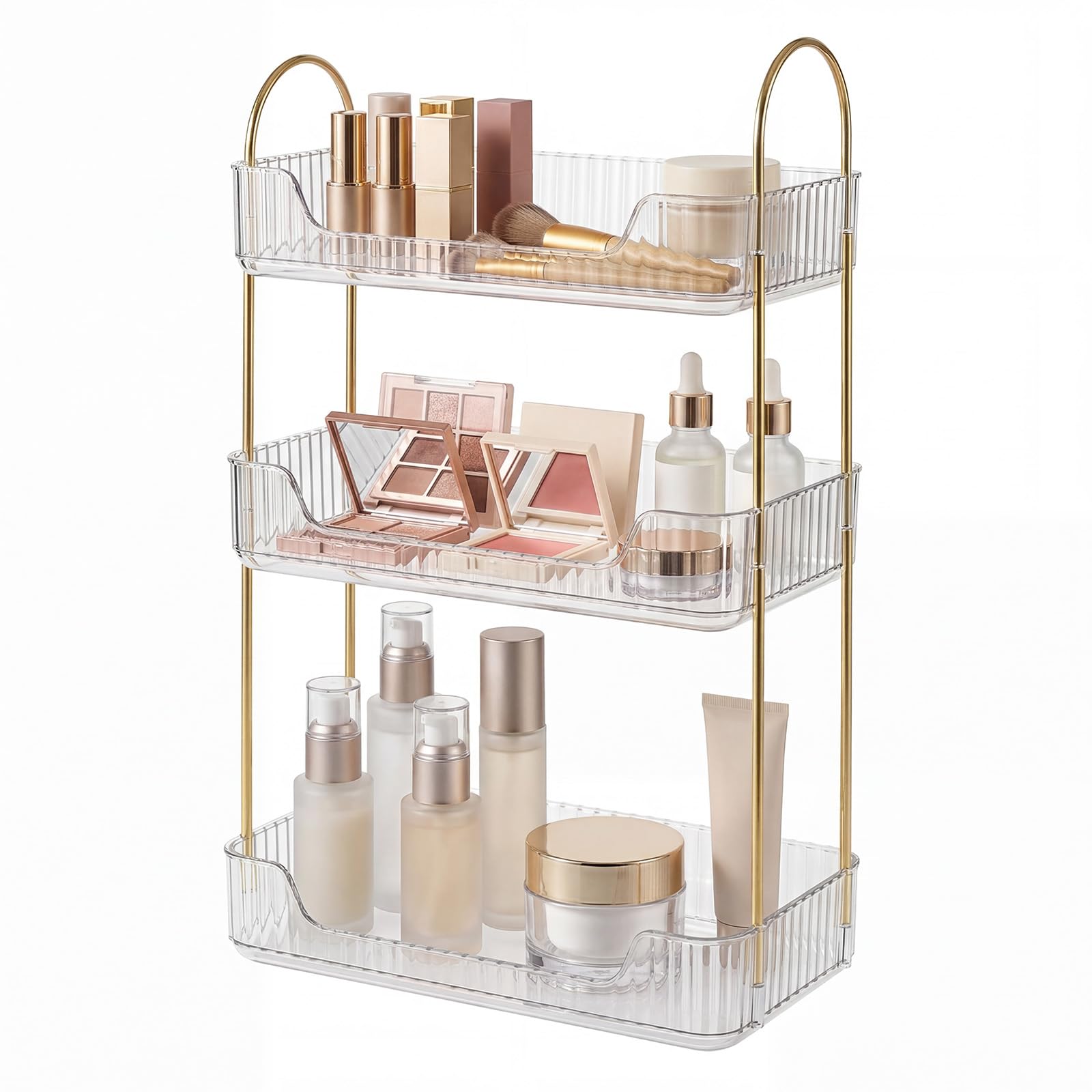 Ilus White Makeup Organiser Storage, 3 Tier Cosmetics Organiser With Metal Handle, Make Up Organiser For Skincare, Perfume & Bathroom Counter, Detachable Vanity Organizer Shelf For Dressing Table,