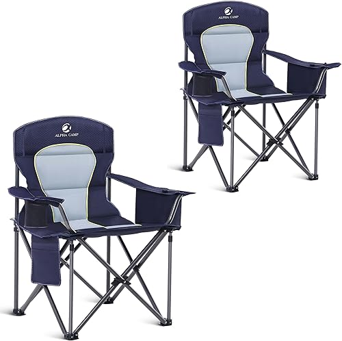ALPHA CAMP Silla de camping de gran tamaño, silla de césped resistente con soporte de bolsa enfriadora de 450 libras, marco de acero plegable, con