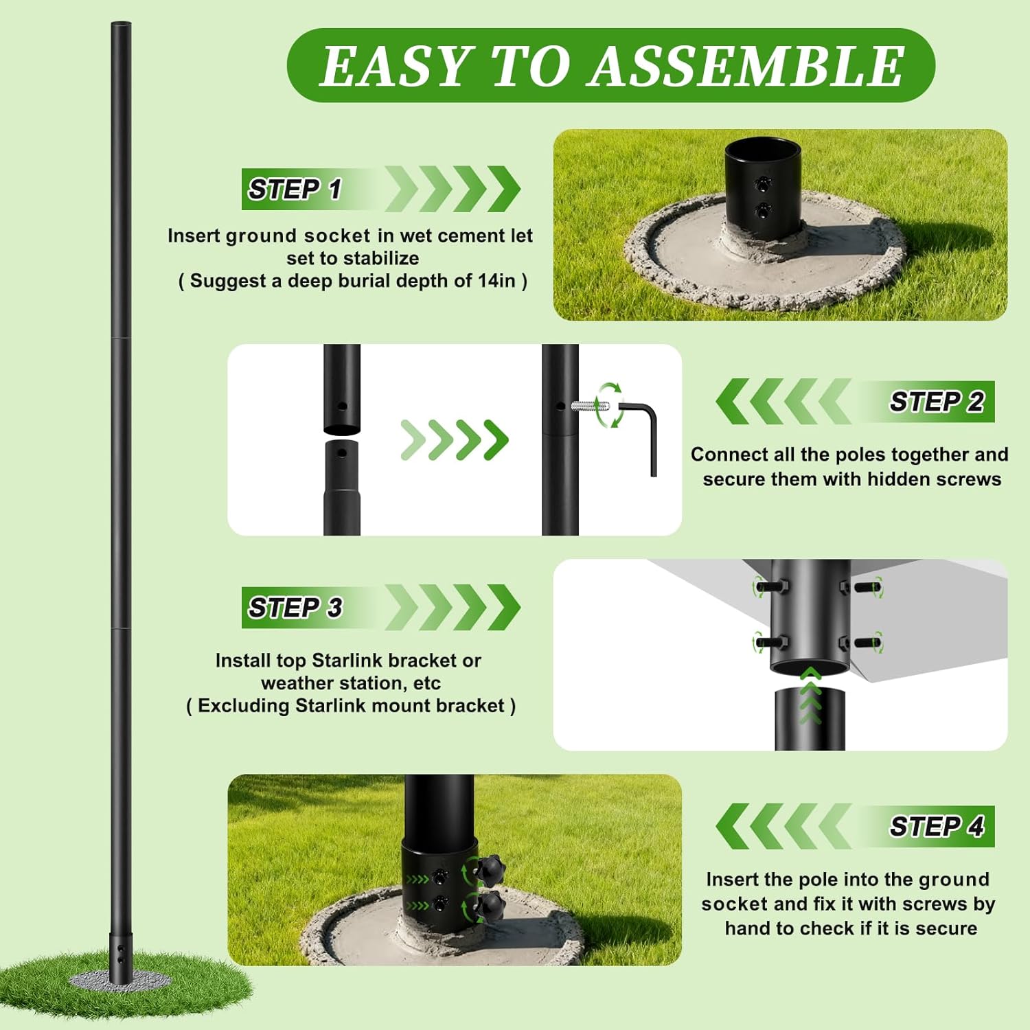 11FT Starlink Pole Mount,1.9" Diameter Thickened Outdoor Heavy Duty Galvanized Steel Weather Station Mounting Pole,with Bottom Fixed Bracket,Universal Size Suitable for Starlink Pipe Adapter, Black