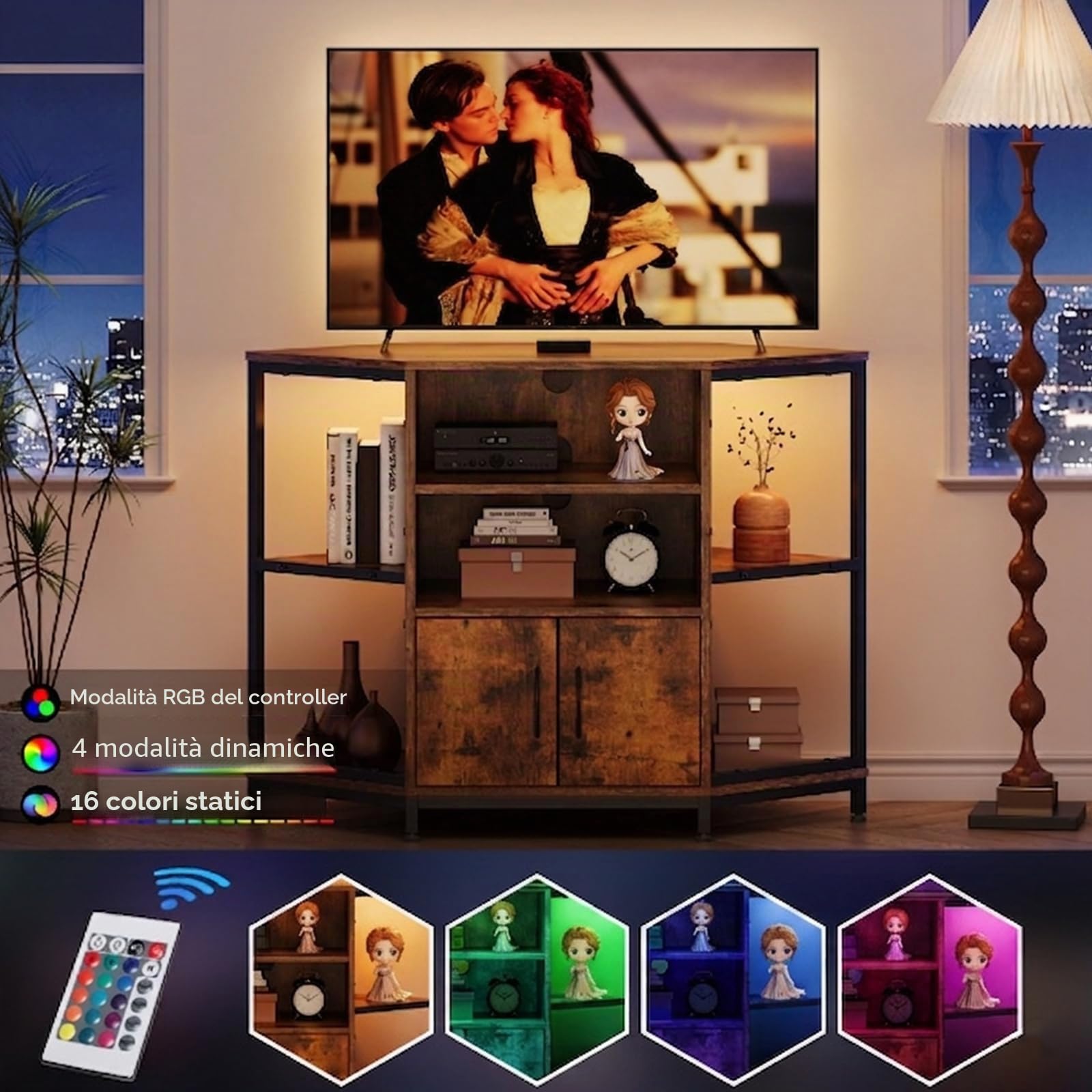 Dripex Mobile angolare per TV con illuminazione a LED, per soggiorno, design industriale, 105 x 50 x 79 cm, marrone vintage
