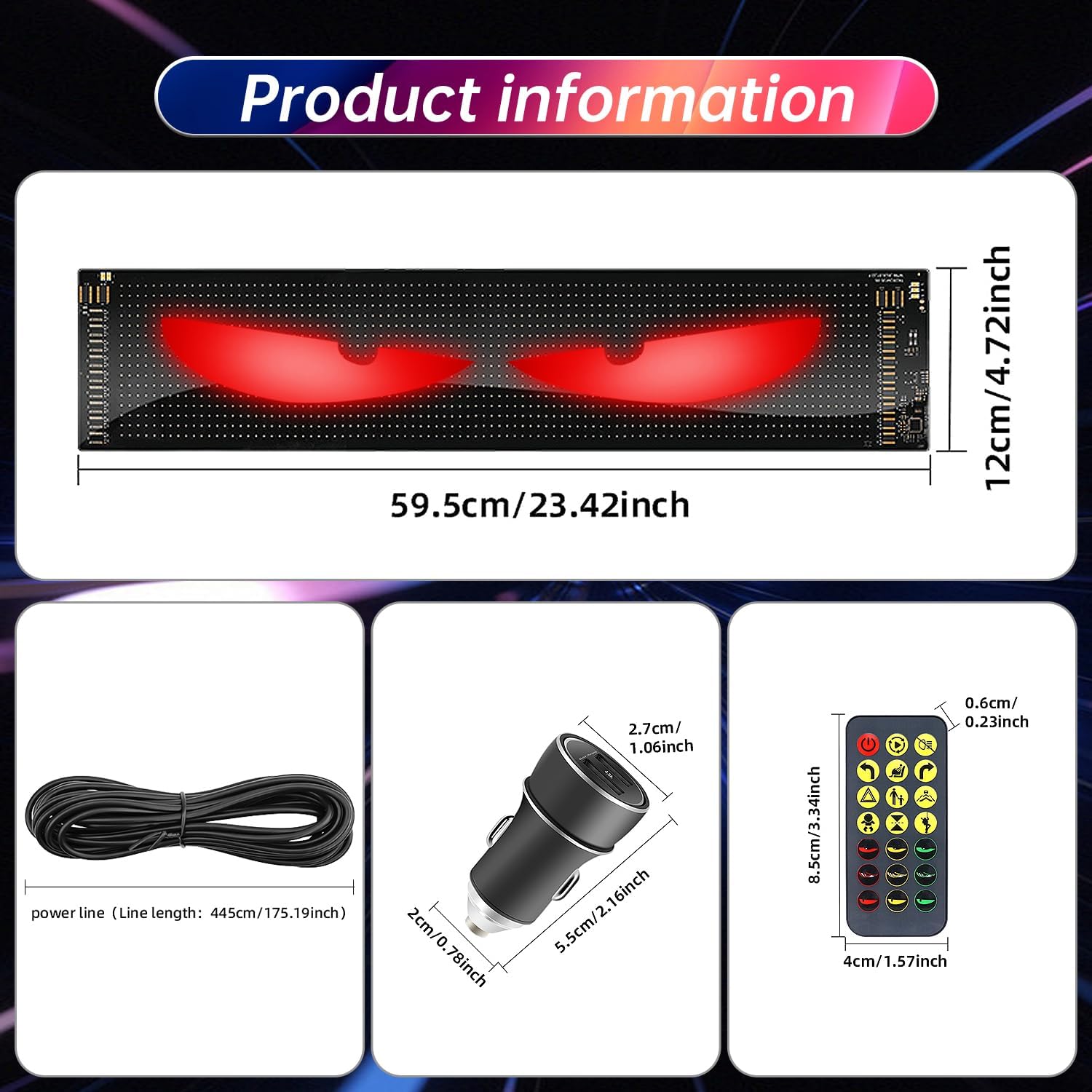 2PCs 4.8 * 24in Large Devil Eyes Light for Car Windshield ojos paracarros with Remote &APP Control Dynamic Scrolling Text LEDScreen IP65 Waterproof forUniversal Windshield Decoration Custom