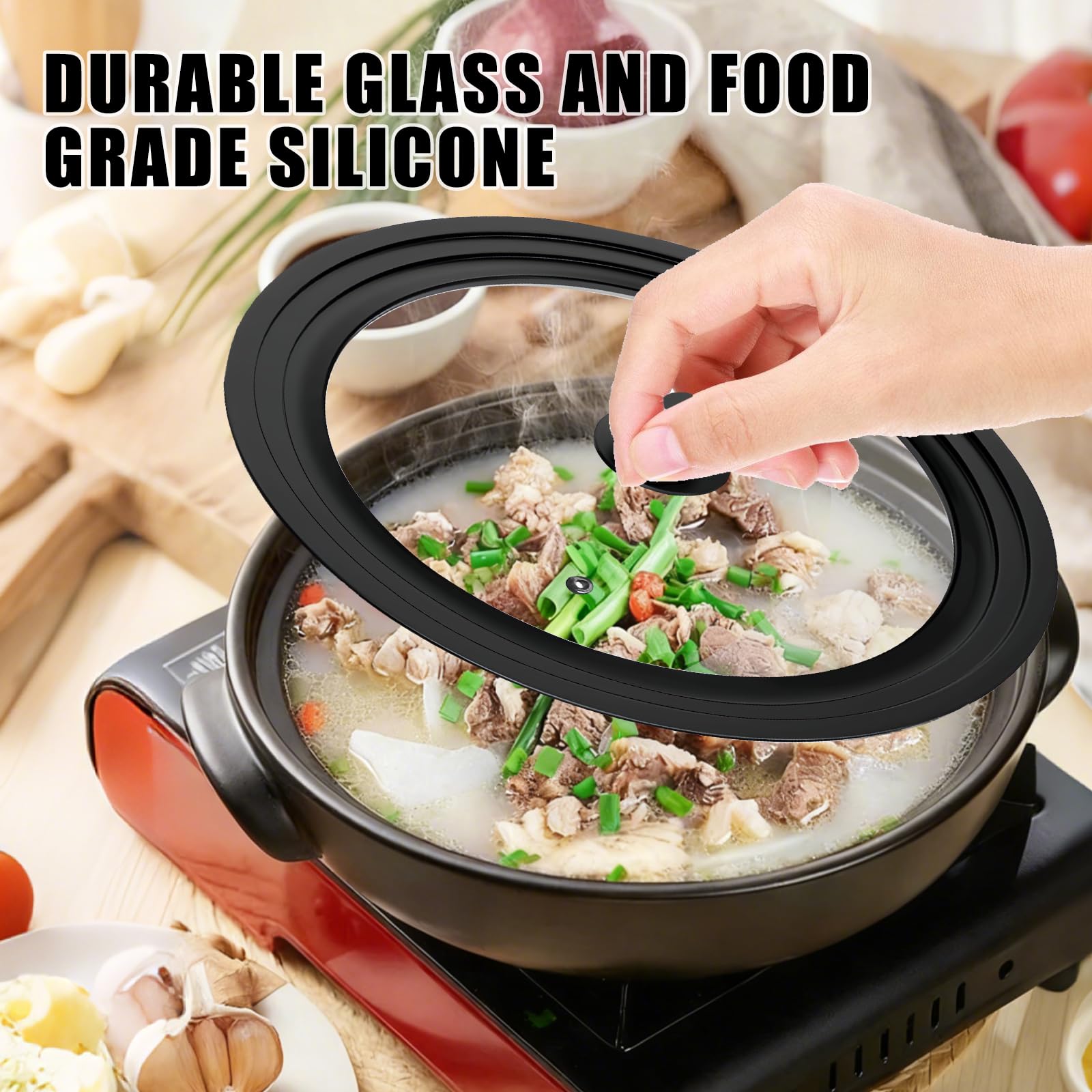 Coperchi universali 3 in 1 2 pezzi: coperchi per pentole Ø 16/18/20 cm e 24/26/28 cm per padelle, coperchi in vetro per pentole con bordo in silicone anti-scottatura