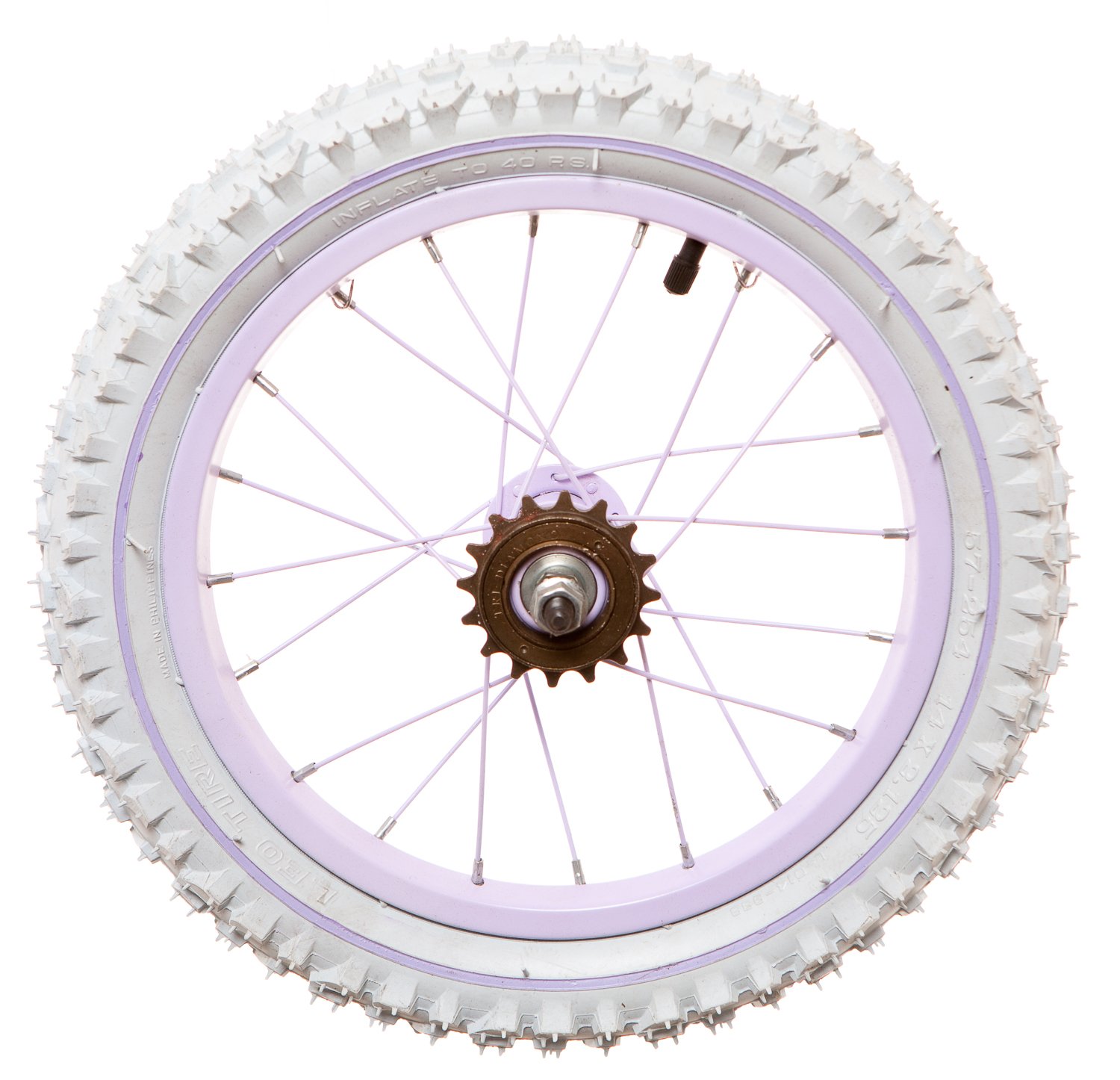 FireCloud Cycles Rear 14" kids Bike Bicycle Wheel, Lilac Rim & Spokes, White Tyre with Lilac Line