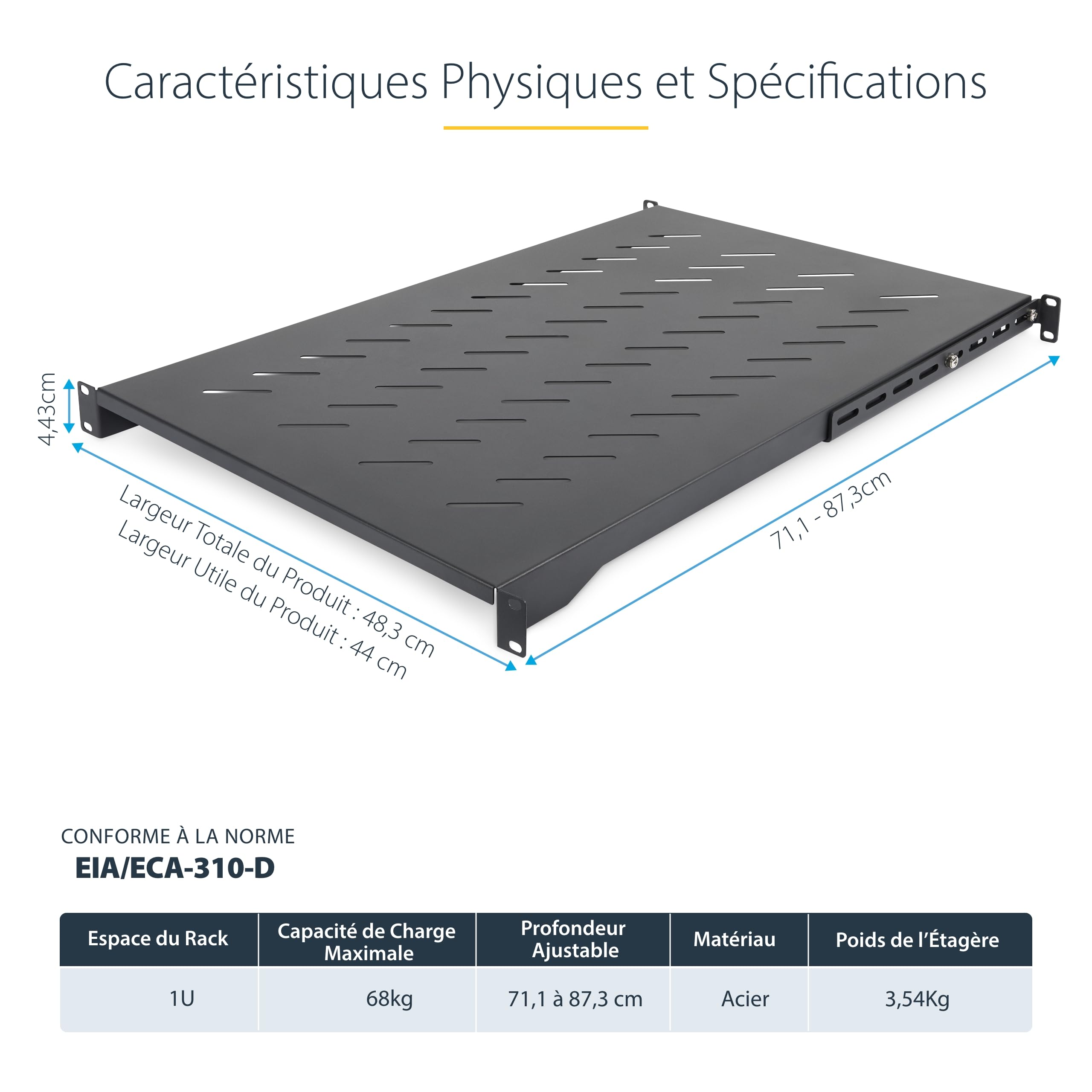 StarTech Étagère Ventilée 1U à 4 Montants pour Rack, 68kg (ADJSHELFV-Rack) | Profondeur réglable 71, 1-87, 3cm, Écrous et vis inclus, Serveur
