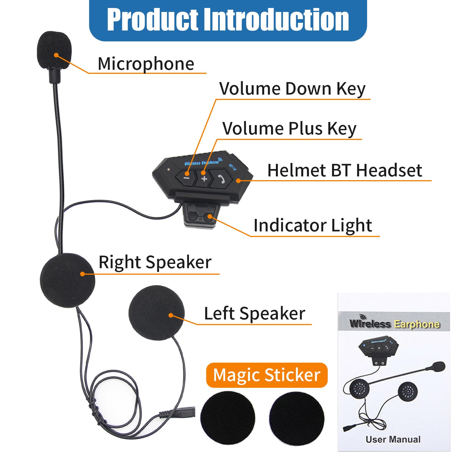 Motorradhelm Bluetooth 5.0 Headset, BT12B Wireless Kommunikationssystem Zubehör, Radfahren Intercom mit Lautsprecher Freisprechen, Geräuschreduzierung Moped Kopfhörer für Skifahren, Reiten, Klettern