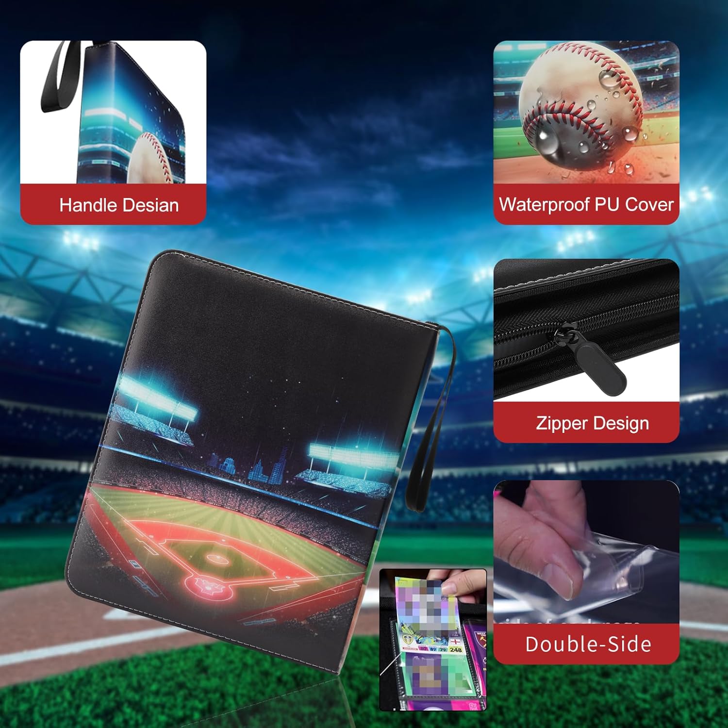 Baseball Card Binder with Sleeves, 900 Pocket Baseball Card Holder for Trading Cards, 9 Pocket with 50 Removable Sleeves Zipper Book Folder Collector Album 3 Ring Binder Organizer Storage Kids Gift