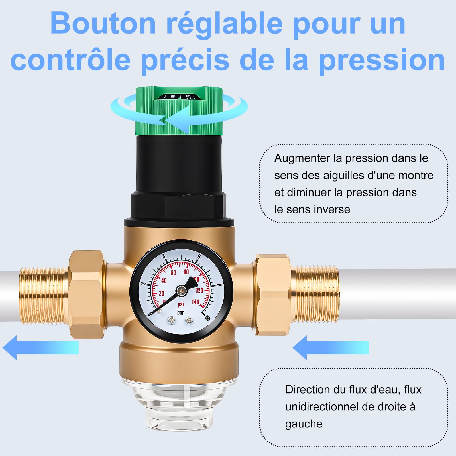 Diealles Shine Réducteur de pression d'eau 3/4", régulateur de pression d'eau avec manomètre et filtre à tamis, valve réducteur de pression régulateur de pression en laiton pour maisons, bâtiments