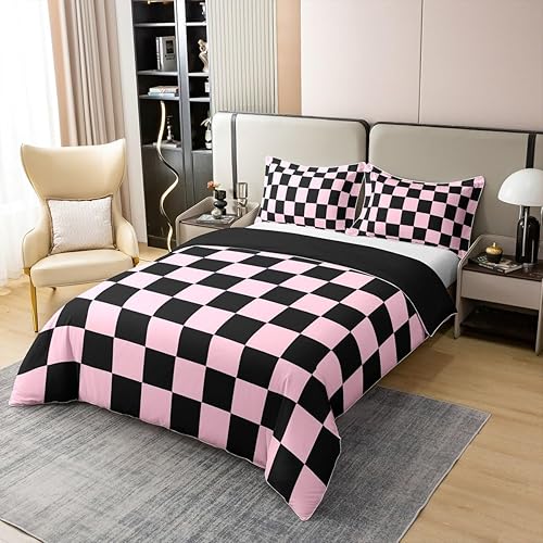 Miniatura 5 de Juego de ropa de cama a cuadros para adolescentes, mujeres, hombres, rosa, negro, a cuadros, 100% algodón, tamaño matrimonial, para niños y niñas,