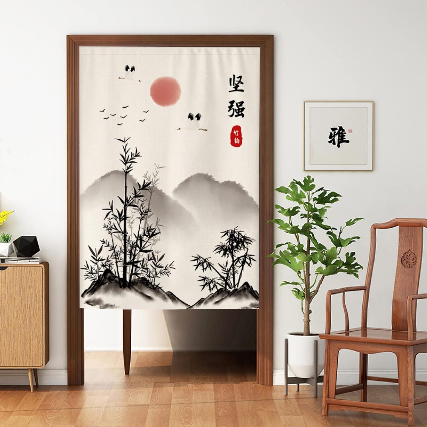 のれん つっぱり式 暖簾 綿麻 洗濯可 半間のれん 簡約 簡単取り付け 蓮華 和柄 和風 目隠し 間仕切り ロング カーテン 半遮光