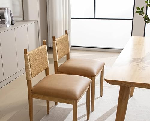 Miniatura 6 de EALSON Juego de 2 sillas de comedor modernas de mediados de siglo con respaldo tejido, cómodas sillas de cocina tapizadas de cuero, sillas laterales