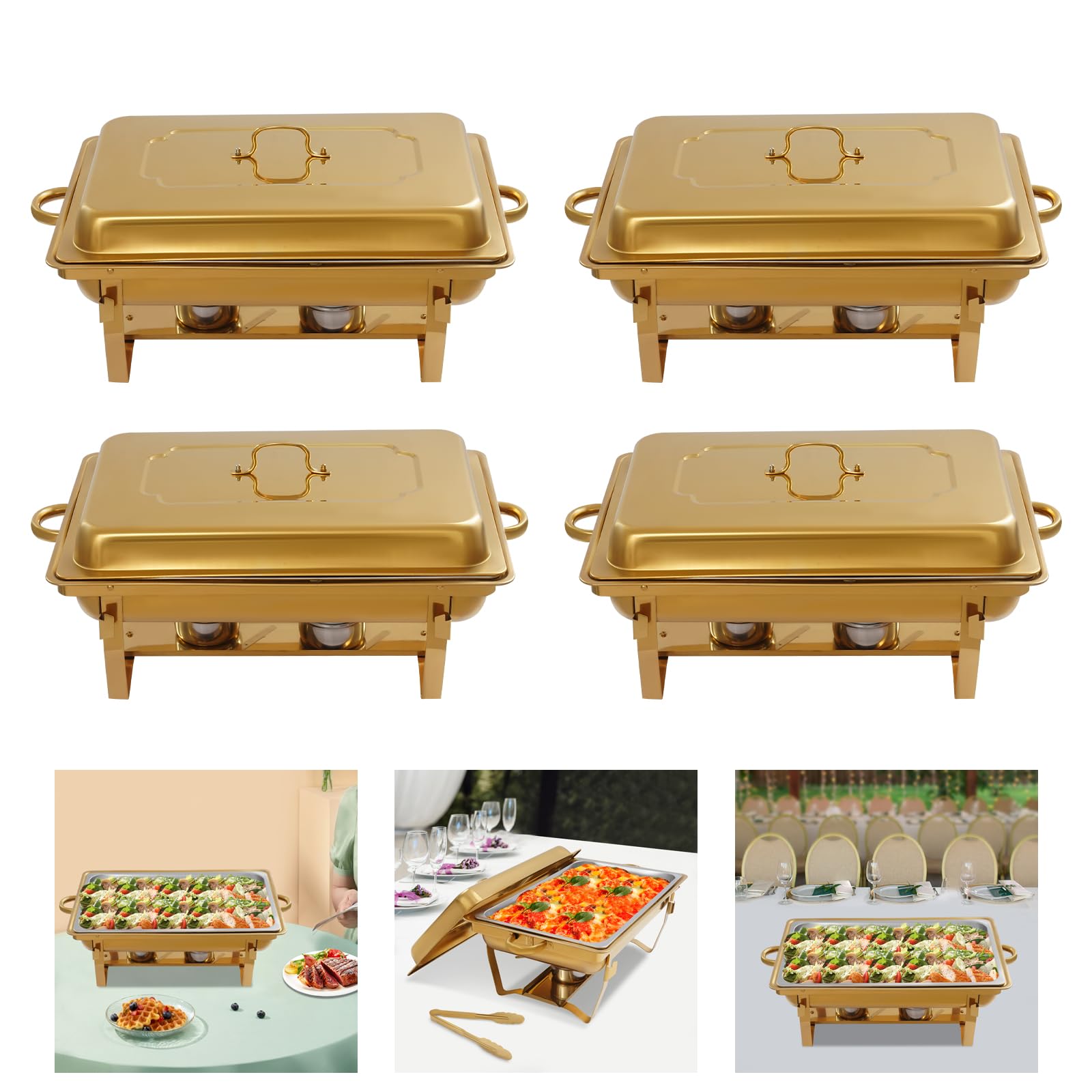 4PCS 7,5L Chafing Dish Profi Set Chafing Dish Buffet Wärmer-Set 410 Rostfreier Stahl Warmhaltebehälter Goldener Quadratischer Packofen Speisewärmer Wärmebehälter für Catering Buffet und Party