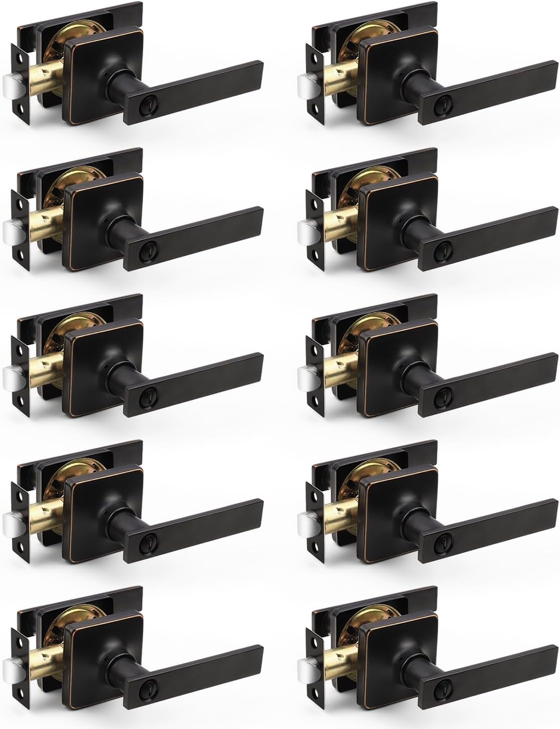 Mengico 10 Pack Oil Rubbed Bronze Privacy Lever Door Handle Interior with Lock, Heavy Duty Square Door Lock for Bed/Bath, Keyless Door Locksets, Reversible for Left Right Handed Doors