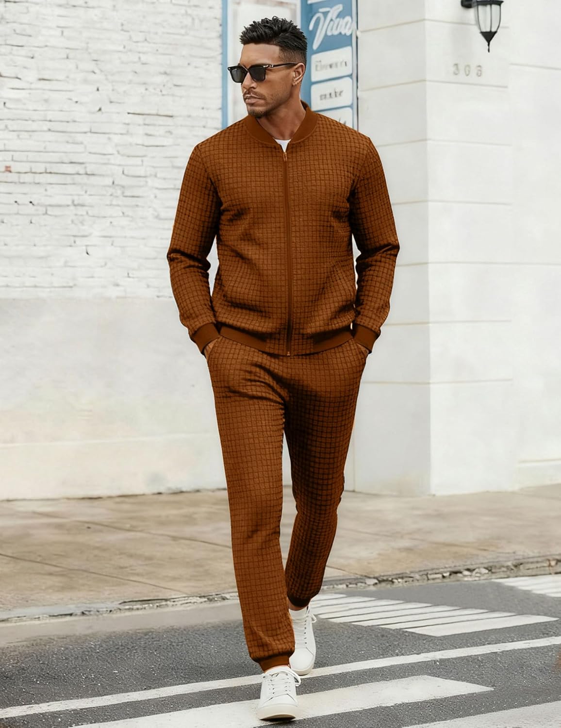 UOUA Men's Tracksuit 2 Piece Sets Casual Sweatsuit with Full Zip Athletic Jogging Suits Waffle Plaid Jacquard Outfits - Image 3