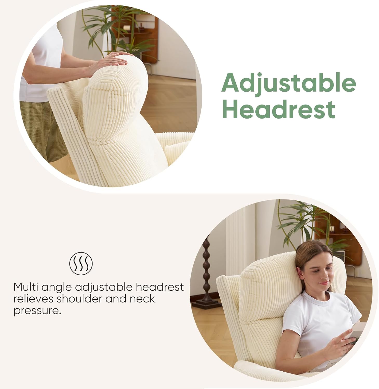 Oversized Swivel Rocker Recliner Chair with Heat and Massage, Rocking Chair with Adjustable Headrest, Manual Rocker Recliner Chair, Glider Recliner Chair with 2 Pillows, Corduroy Beige