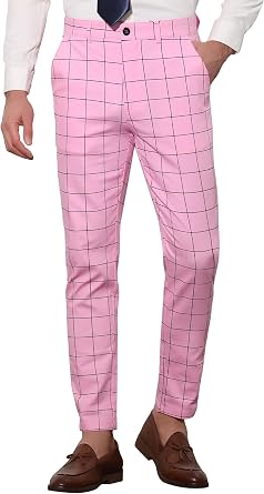 Lars Amadeus Mens Plaid Pants Slim Fit Formal Business with Pockets