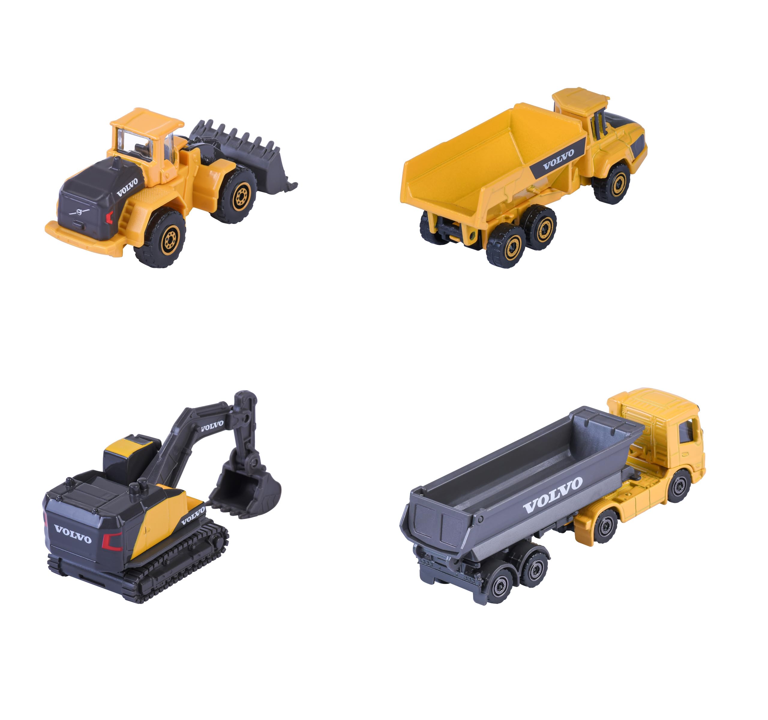 Majorette 8503105000 VOLVO 4-częściowy zestaw prezentowy 4 pojazdy budowlane metalowe die cast: koparka, wywrotka, ciężarówka, spychacz - ładowarka;zabawa w piaskownicy dla dzieci od 3 lat