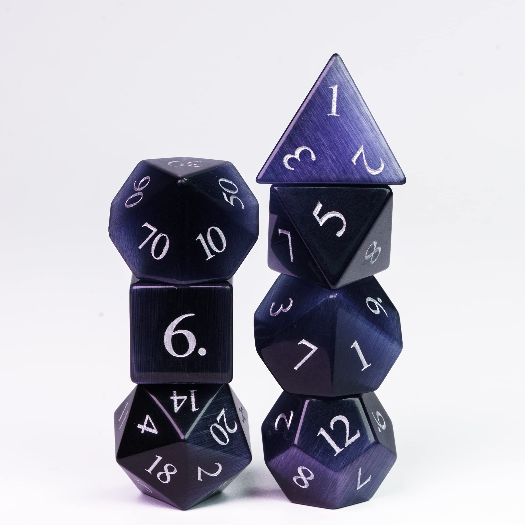 UDIXI Juego de dados de piedras preciosas naturales, 7 dados DND de cristal para mazmorras y dragones, dados D&D hechos a mano para juegos de mesa MTG (ojo de gato morado oscuro)