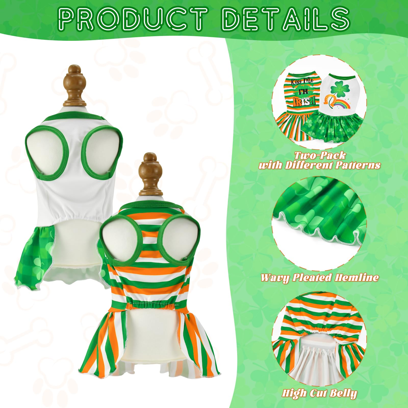 Vehomy 2-Pack Dog Dresses St. Patrick's Day Dog Dress with Lucky Shamrock Pattern Green Plaid Dog Skirt Stripe Puppy St. Patrick's Day Dress Clothes Outfit for Small Medium Dogs L