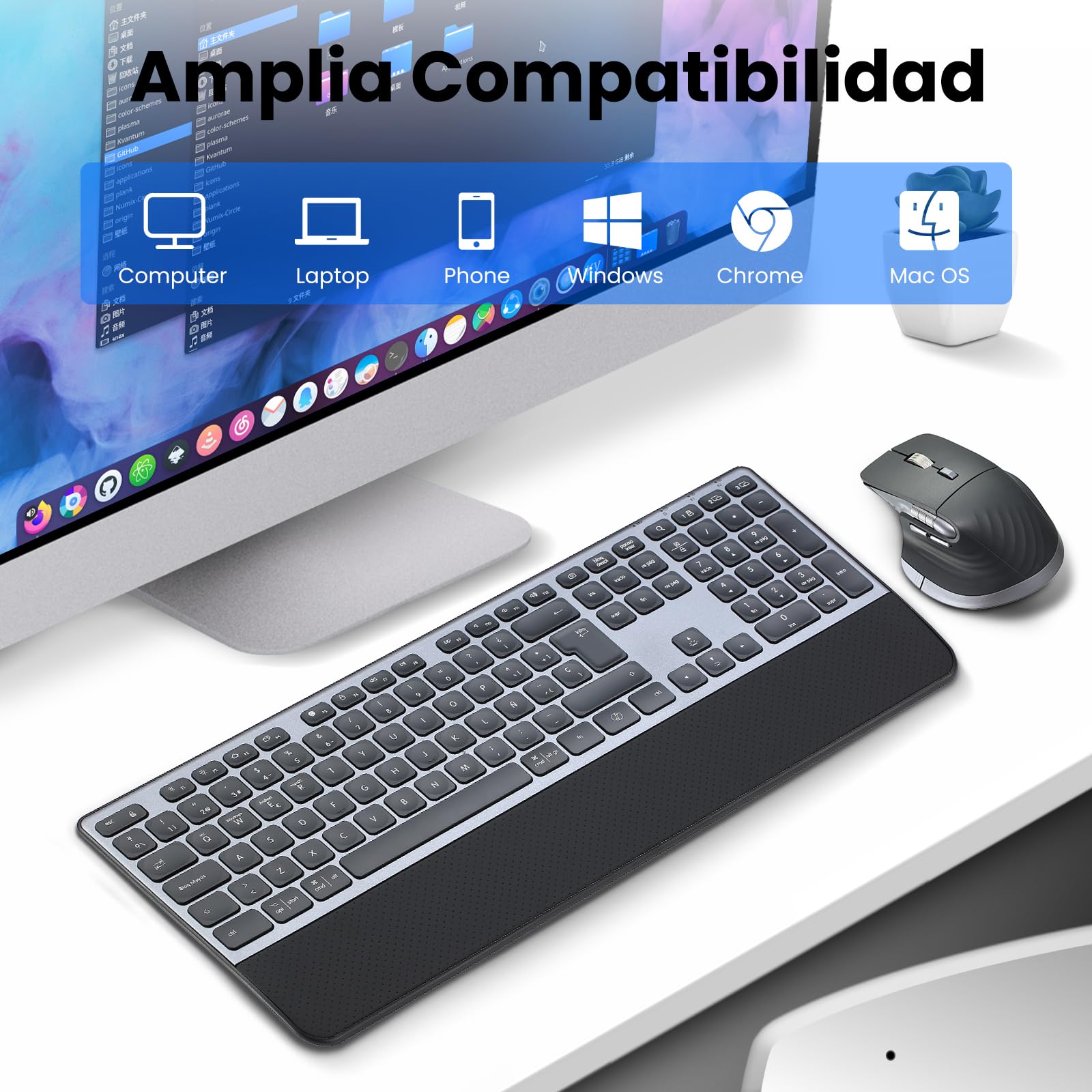 CITLLA M9100 Teclado y Ratón Inalámbrico Combo -Retroiluminado Recargable Ergonómico, Soporte Ajustable y Reposamuñecas, 4 Niveles dpi Hyper-Fast Scrolling Ratón Silencioso para Ordenador PC Portátil