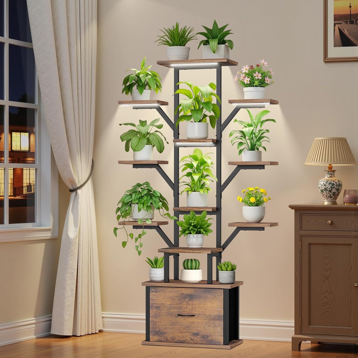Plant Stand Indoor with Grow Lights - 12 Tiered Metal Plant Shelf with Drawer, 65" Large Plant Stand for Indoor Plants, Holds 16 Plant Pots, Flower Holder Plant Rack for Living room, Patio, Bedroom