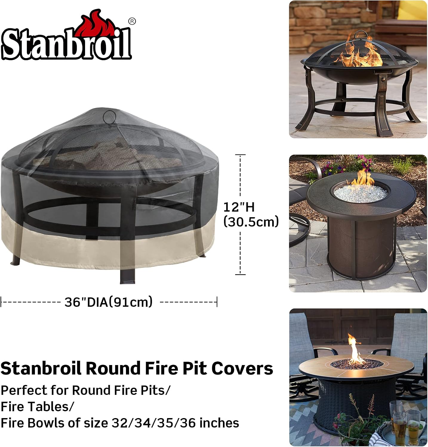 Stanbroil 36 Inch Round Fire Pit Cover - Fire Pit Table Cover, Patio Furniture Cover - Full Coverage Cover with Durable and Water Resistant Fabric, Black