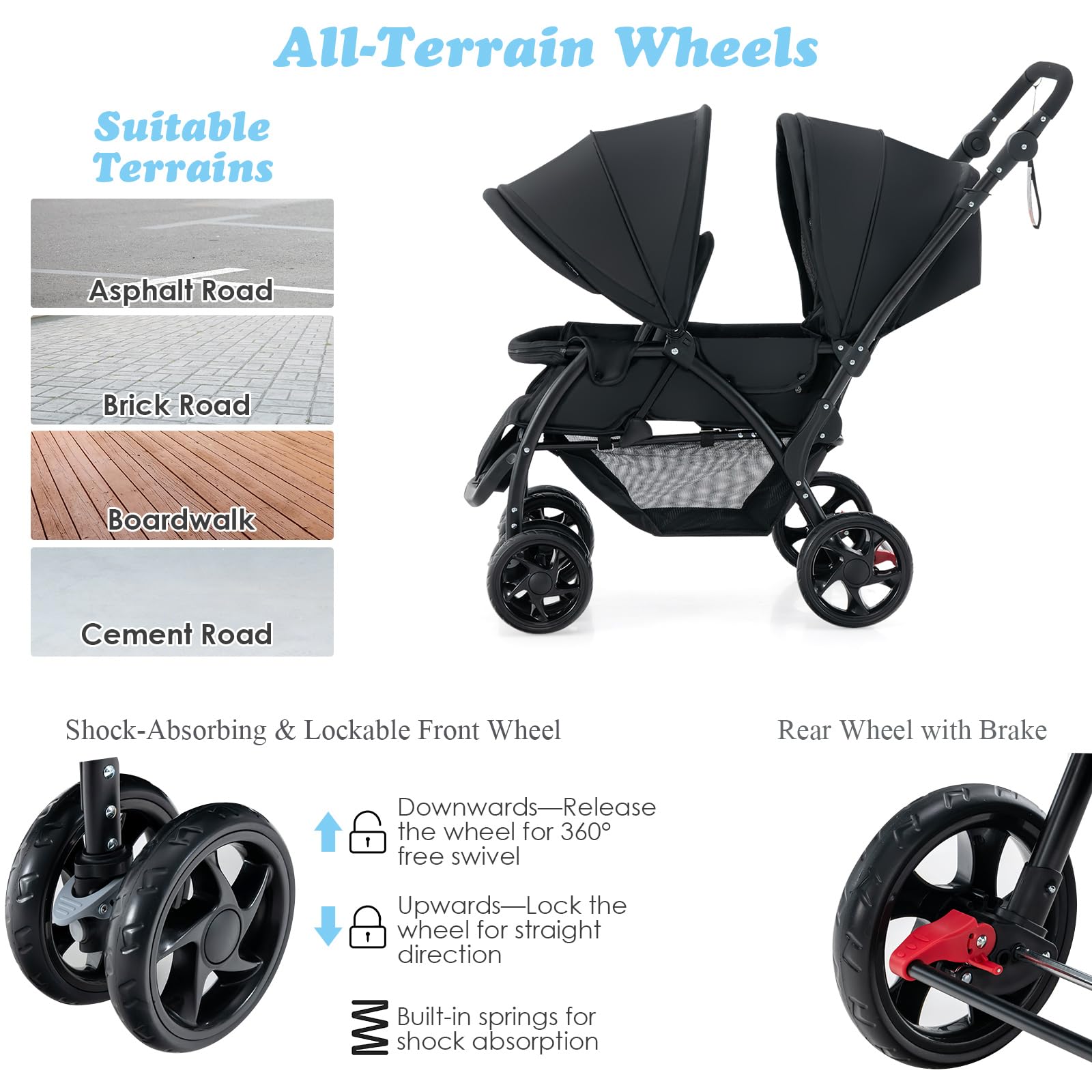 LIFEZEAL Poussette Double Pliable pour Jumeaux, Poussette 2 Places Réglable en 3 Positions, Poussette Canne avec Cosy, Roues Universelles avec Freins, Charge de 15+15 KG (Noir)