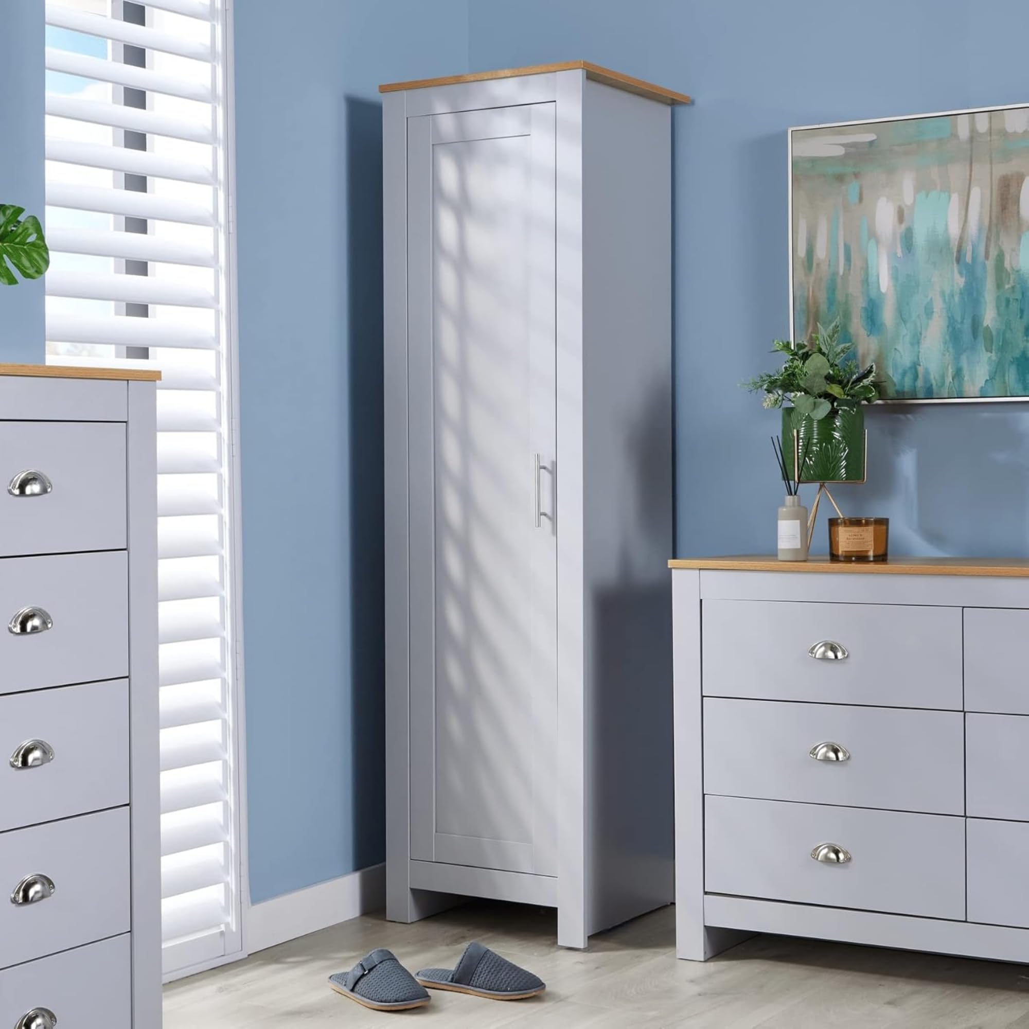 Home Source Bedroom Furniture, 1 Door Slim Wardrobe, Oak Effect Top, Grey