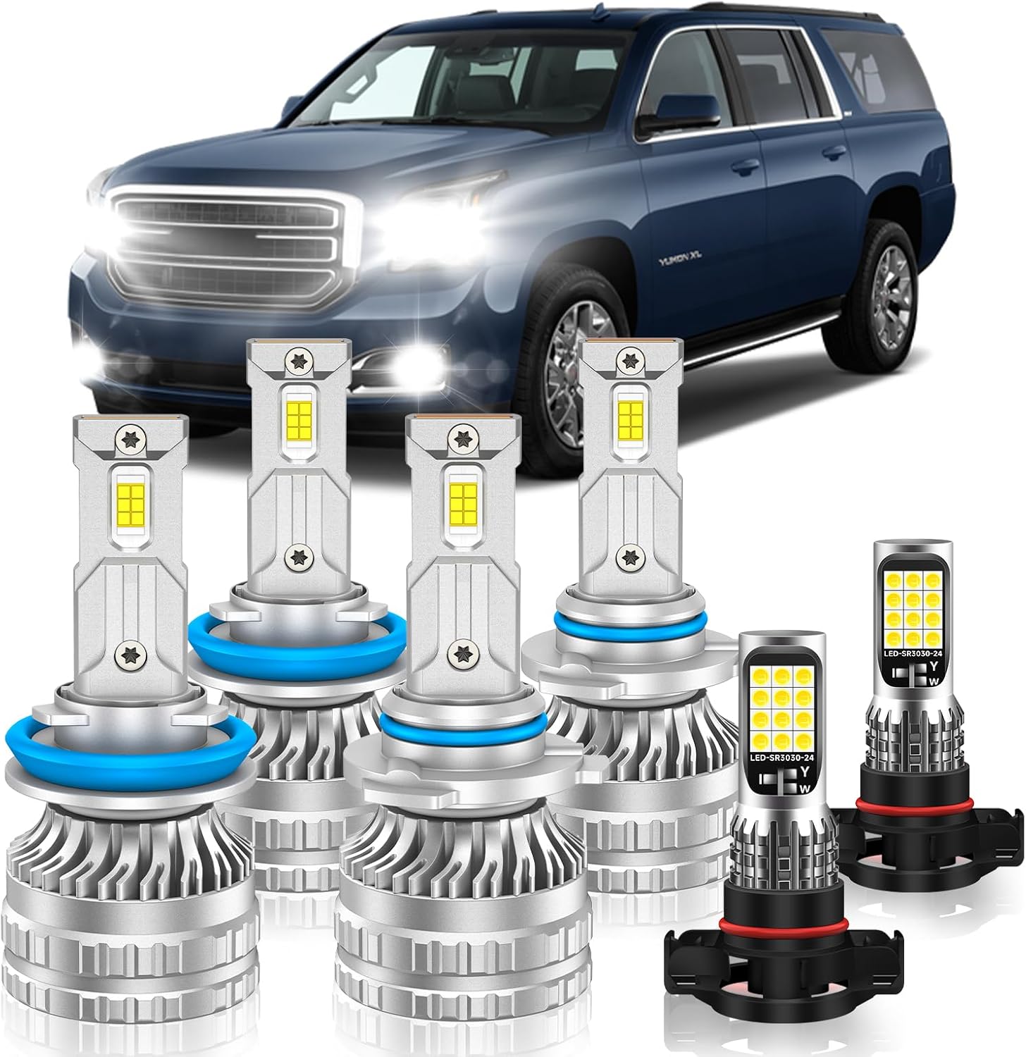 Fog Bulbs Fit for 2015-2019 GMC Yukon Hi&Lo Beam Fog Light Bulb Combo, 800% Brightness, Dual-sided 3570 Chips, 6000K White, 60000HRS Long Lifespan, Plug-and-Play, Pack of 6