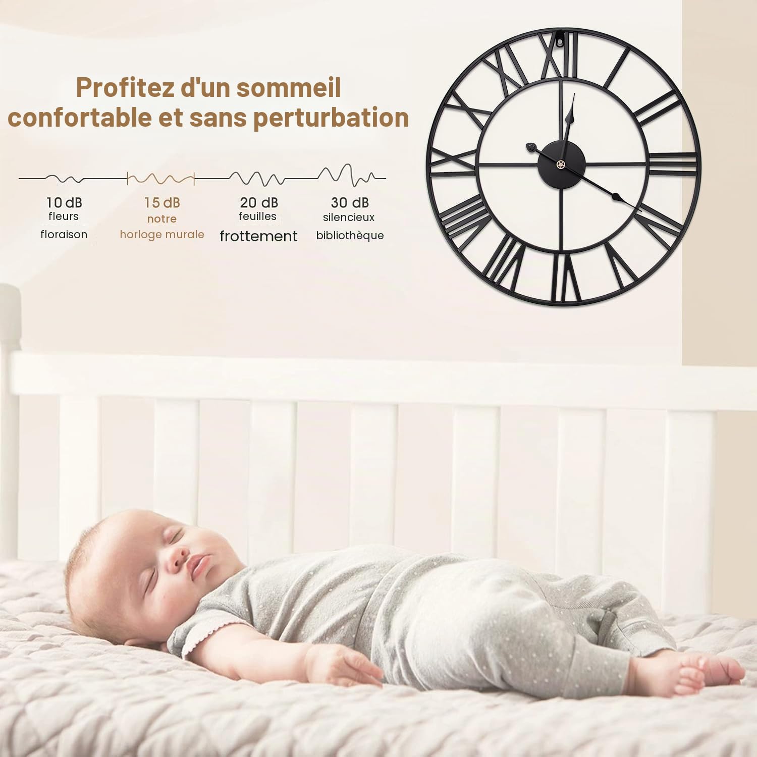 GUDEMAY Horloge Murale Design Moderne Vintage 50 cm Silencieuse Métal Chiffres Romains Noir
