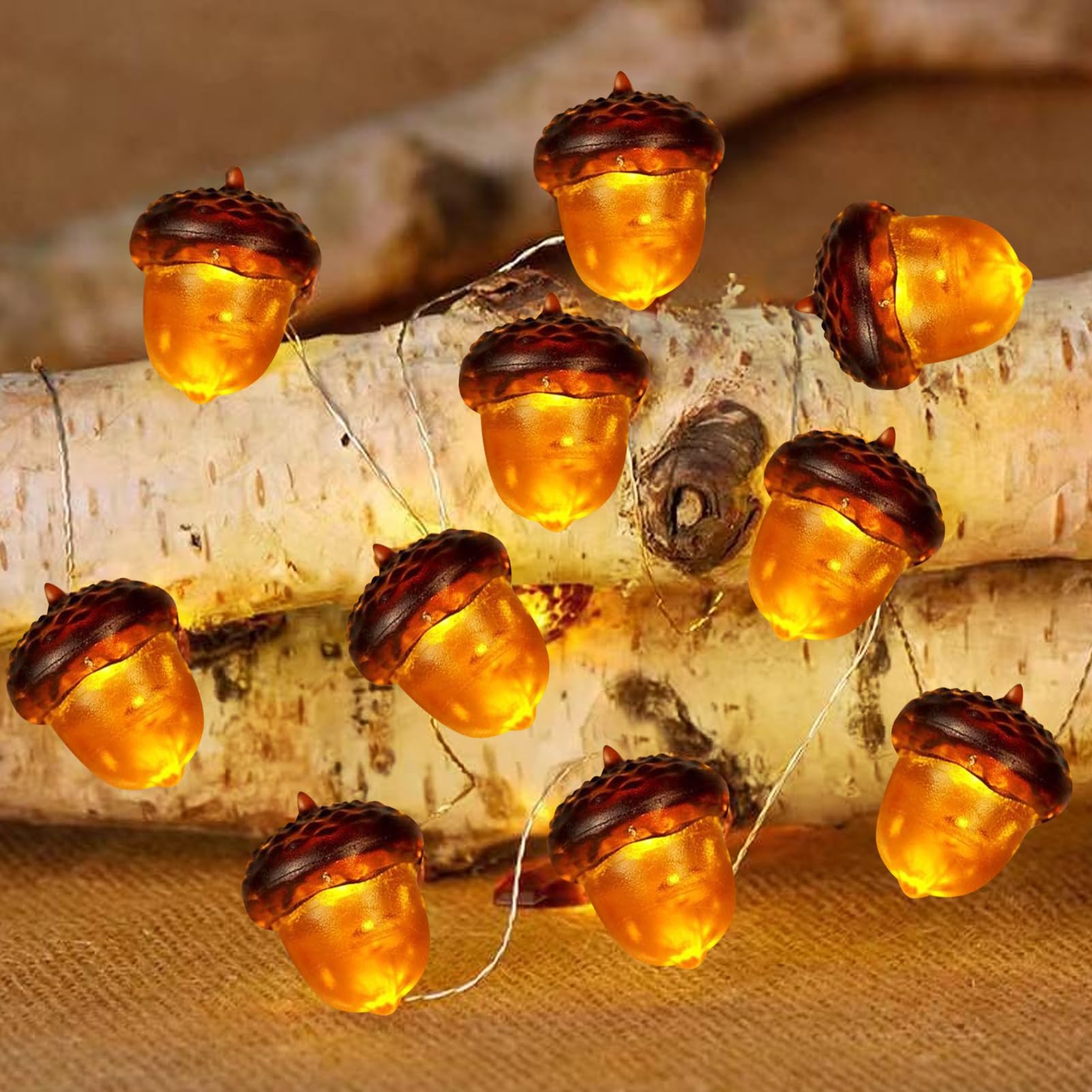 Herbstdeko Lichterkette Mit Timer – Eicheln, Ahornblätter, Kürbisse, 3m, 30 LEDs, 8 Modi, Batterie (warmweiß)