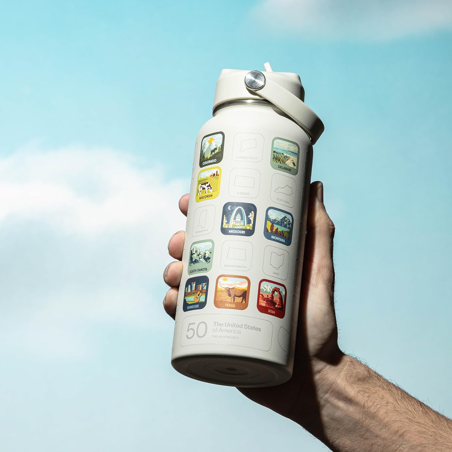 THE GEOPROJECT 50 States Bucket List Water Bottle with Stickers - 32oz Leakproof Insulated Stainless Steel with Straw & 50 States Water Bottle Stickers (Tan) - Image 3