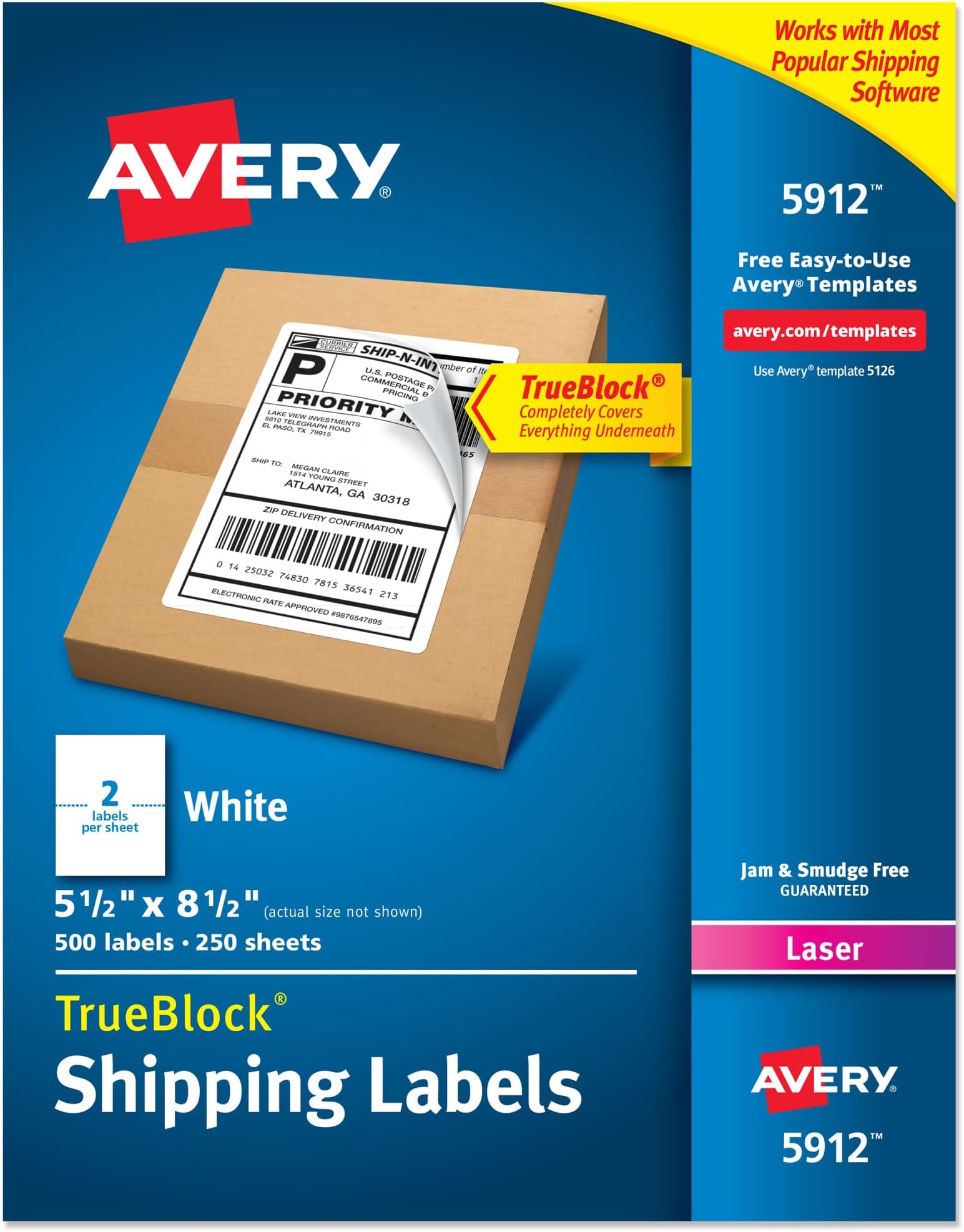 Avery Half-Sheet Printable Shipping Labels, 5.5" x 8.5" Customizable Stickers, White, 500 Blank Mailing Labels, Great for Mailing, Shipping, Organizing, and More (5912)